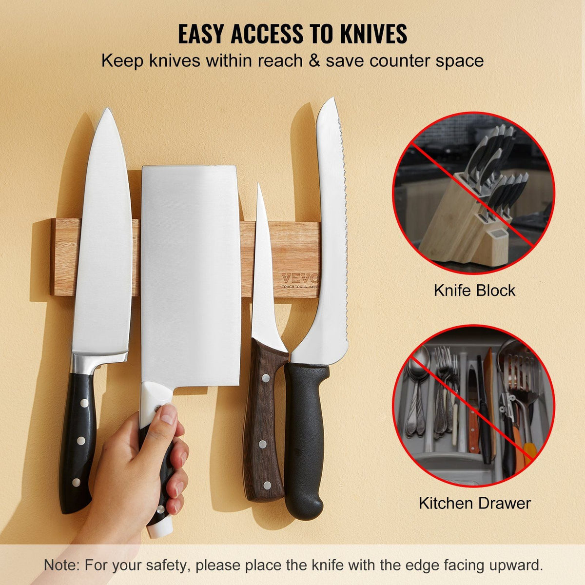 Magnetic Knife Holder with Enhanced Strong Magnet, 10" No Drilling Knife Strips Organizer for Wall, Multifunctional Storage Acacia Wood Knives Rack, Knife Bar for Kitchen Knives, Utensils, Tools
