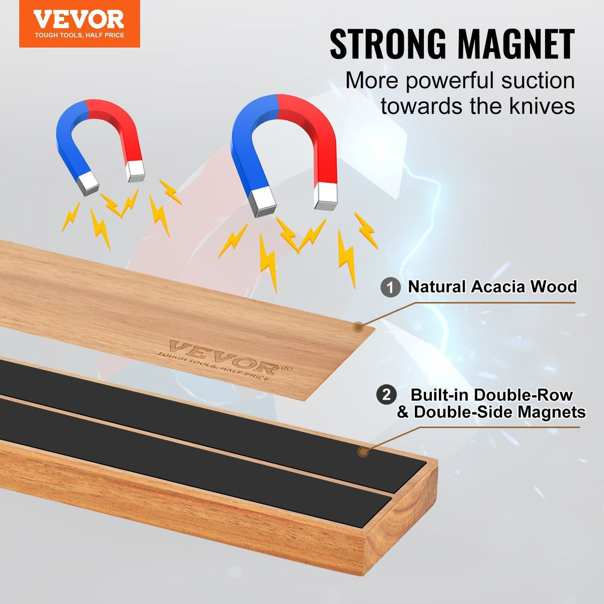 Magnetic Knife Holder with Enhanced Strong Magnet, 10" No Drilling Knife Strips Organizer for Wall, Multifunctional Storage Acacia Wood Knives Rack, Knife Bar for Kitchen Knives, Utensils, Tools