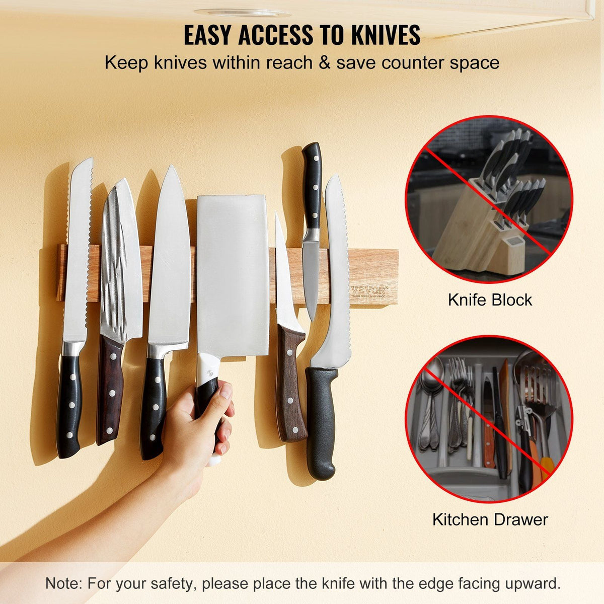 Magnetic Knife Holder with Enhanced Strong Magnet, 16" No Drilling Knife Strips Organizer for Wall, Multifunctional Storage Acacia Wood Knives Rack, Knife Bar for Kitchen Knives, Utensils, Tools
