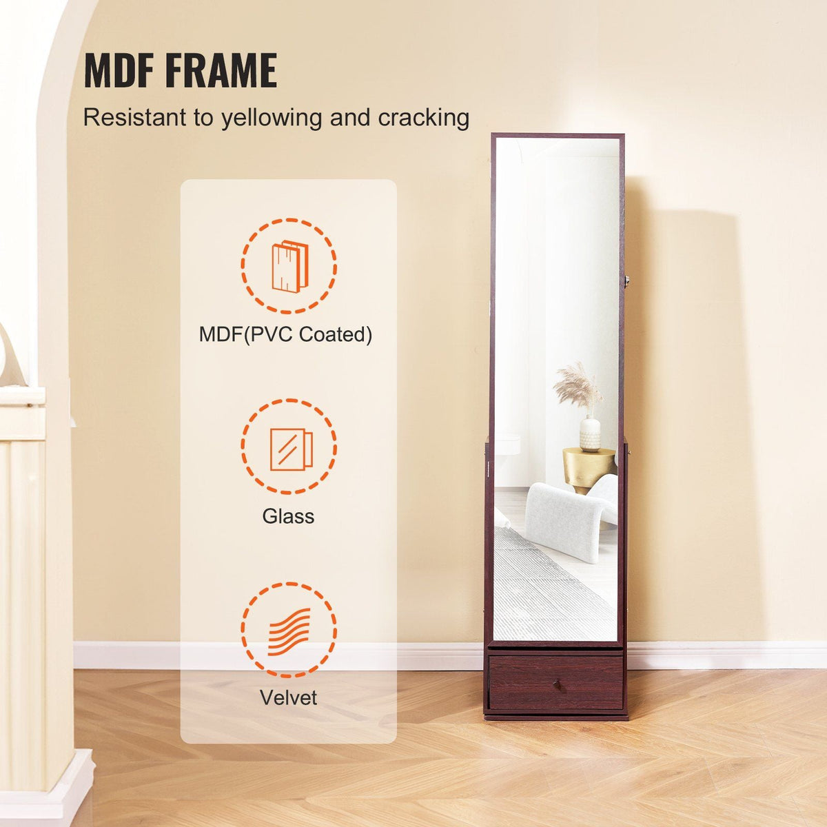 Mirror Jewelry Cabinet 360° Swivel Standing Mirror with Storage Brown