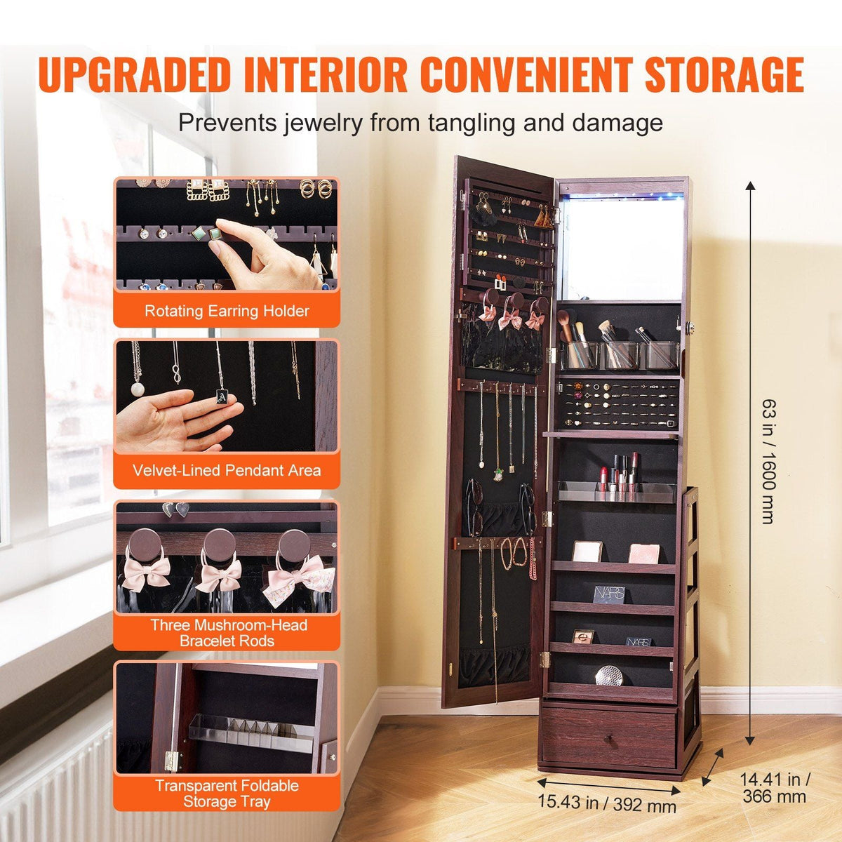 Mirror Jewelry Cabinet 360° Swivel Standing Mirror with Storage Brown