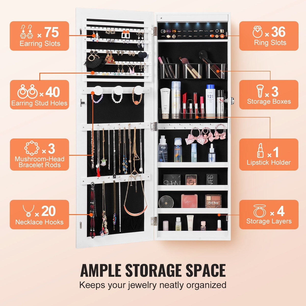 Mirror Jewelry Cabinet 42.52in Lockable Wall or Door Mounted Armoire White