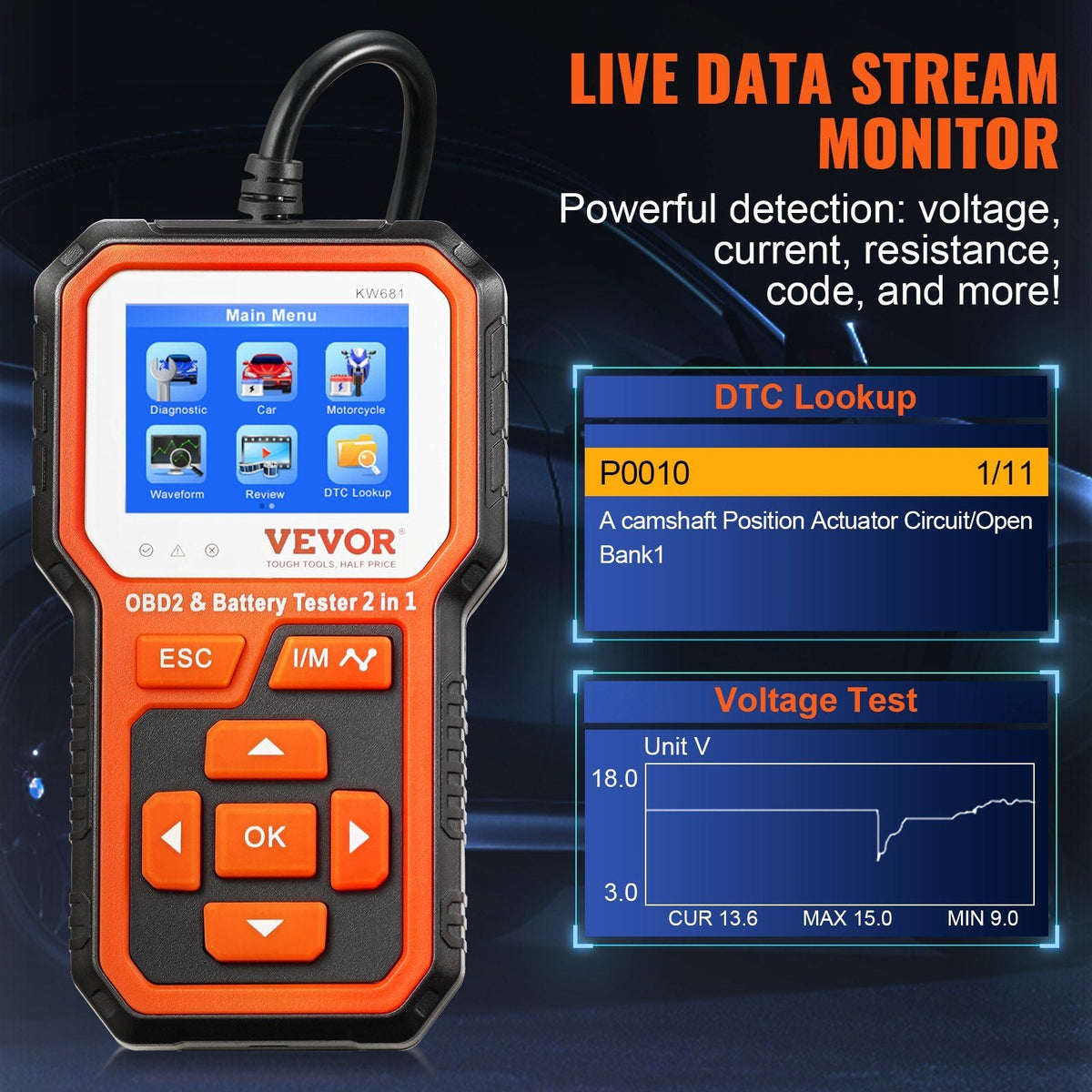 OBD2 Scanner Battery Tester 6V/12V - Upgrade 2 IN1 OBD Scanner Diagnostic Tool Car 100-2000 Battery Charging Cranking System Test Car Code Reader Scan Tool for All OBDII Protocol Cars Since 1996