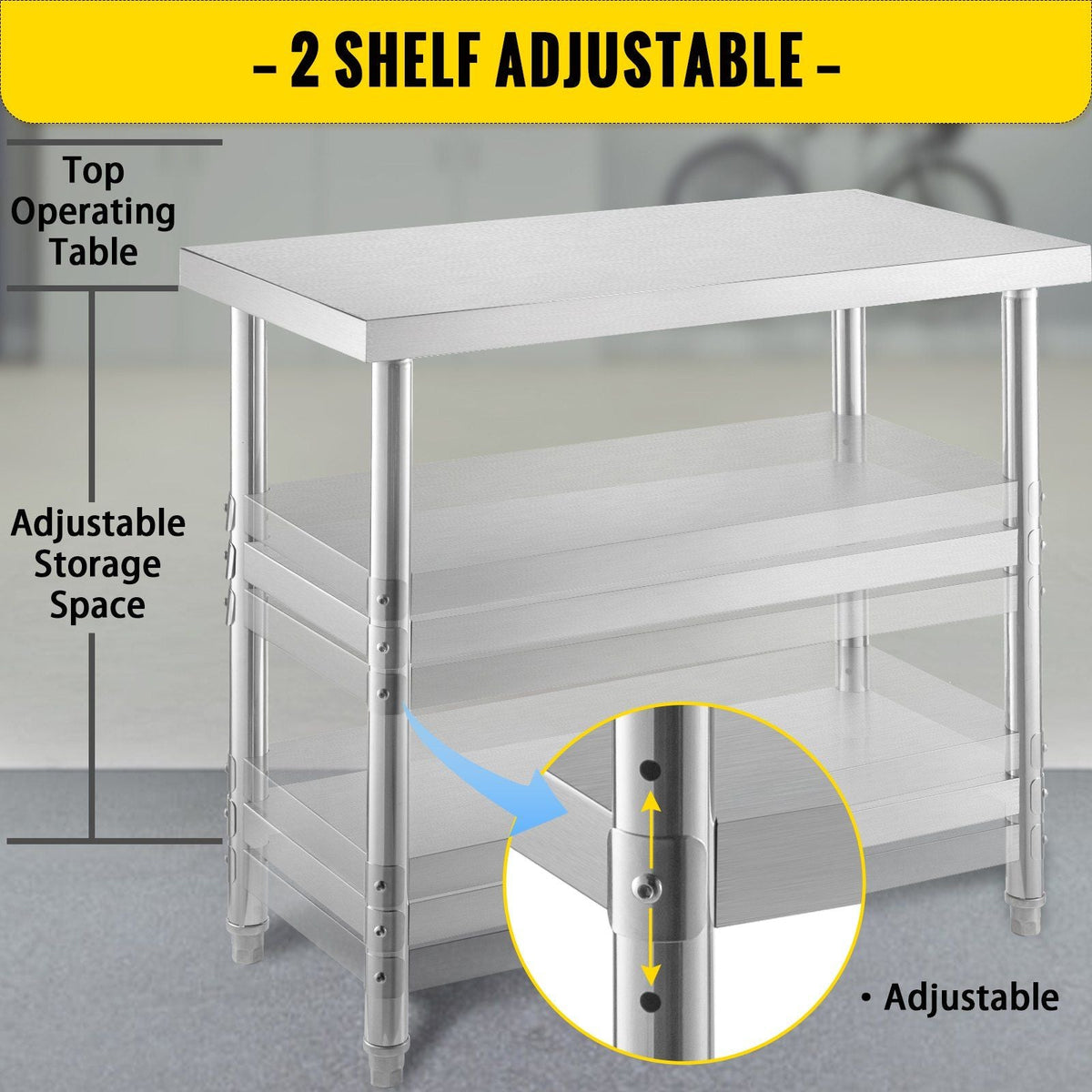 Outdoor Food Prep Table, 48x14x33 in Commercial Stainless Steel Table, 2 Adjustable Undershelf BBQ Prep Table, Heavy Duty Kitchen Work Table, for Garage, Home, Warehouse, and Kitchen Silver