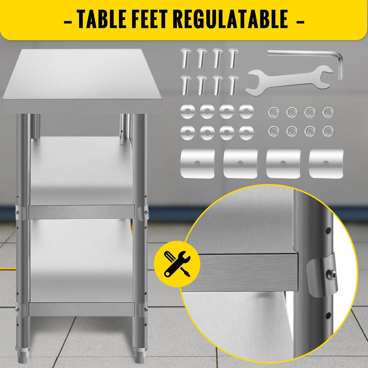 Outdoor Food Prep Table, 48x14x33 in Commercial Stainless Steel Table, 2 Adjustable Undershelf BBQ Prep Table, Heavy Duty Kitchen Work Table, for Garage, Home, Warehouse, and Kitchen Silver