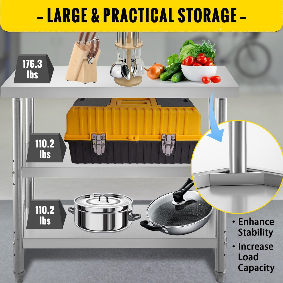 Outdoor Food Prep Table, 48x14x33 in Commercial Stainless Steel Table, 2 Adjustable Undershelf BBQ Prep Table, Heavy Duty Kitchen Work Table, for Garage, Home, Warehouse, and Kitchen Silver