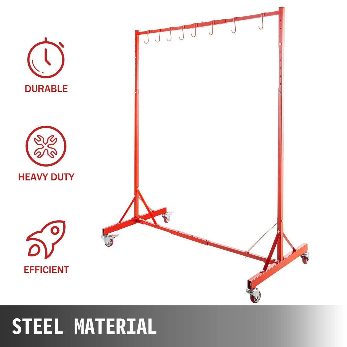Painting Rack 5ft-7ft Adjustable Height, Automotive Paint Stand 8 Hooks, Auto Body Stand for Hoods Doors, Painting Drying Rack w/ 4 Swiveling Wheels, Paint Rack Stand, Automotive Tool, Red