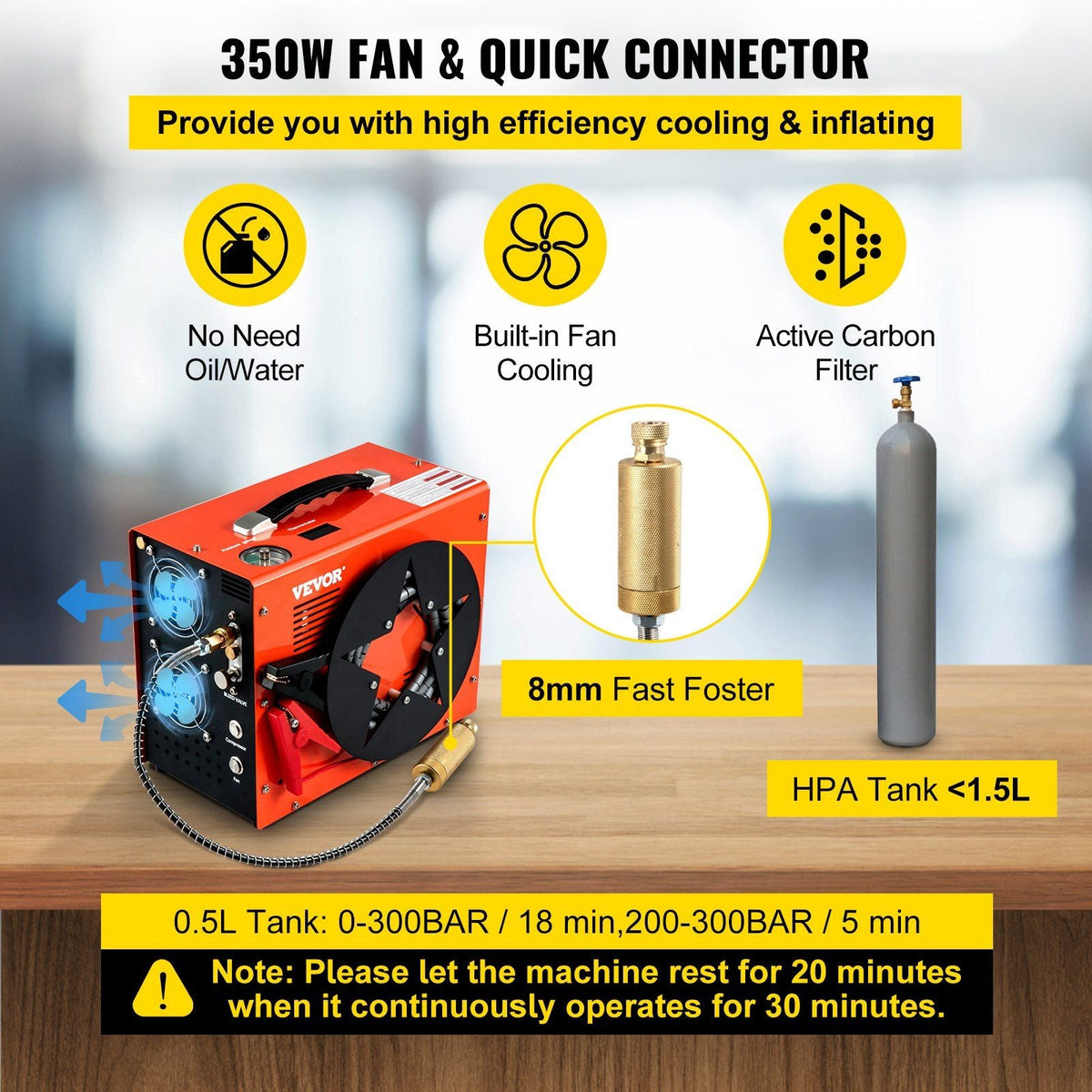 PCP Air Compressor, Auto-stop Powered by DC 12V Car or Home AC 110V/220V, 4500Psi/30Mpa/300Bar with Built-in Water & Oil Adapter and Cooling Fan System