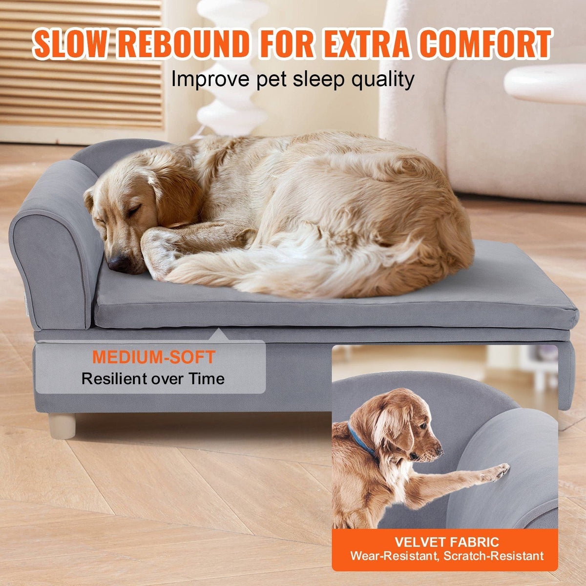 Pet Sofa, Dog Couch for Large-Sized Dogs and Cats, Soft Velvety Dog Sofa Bed, 110 lbs Loading Cat Sofa, Grey