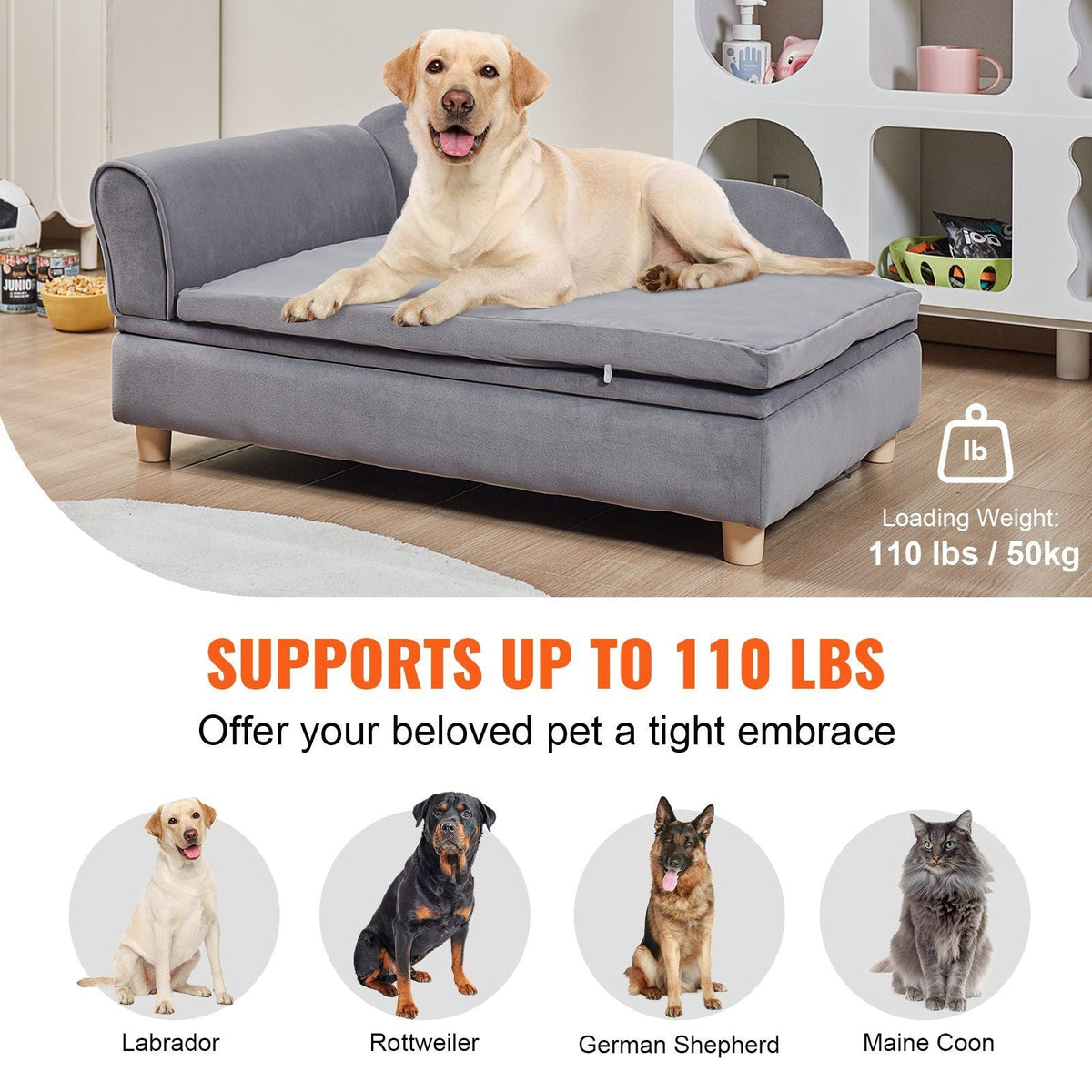 Pet Sofa, Dog Couch for Large-Sized Dogs and Cats, Soft Velvety Dog Sofa Bed, 110 lbs Loading Cat Sofa, Grey