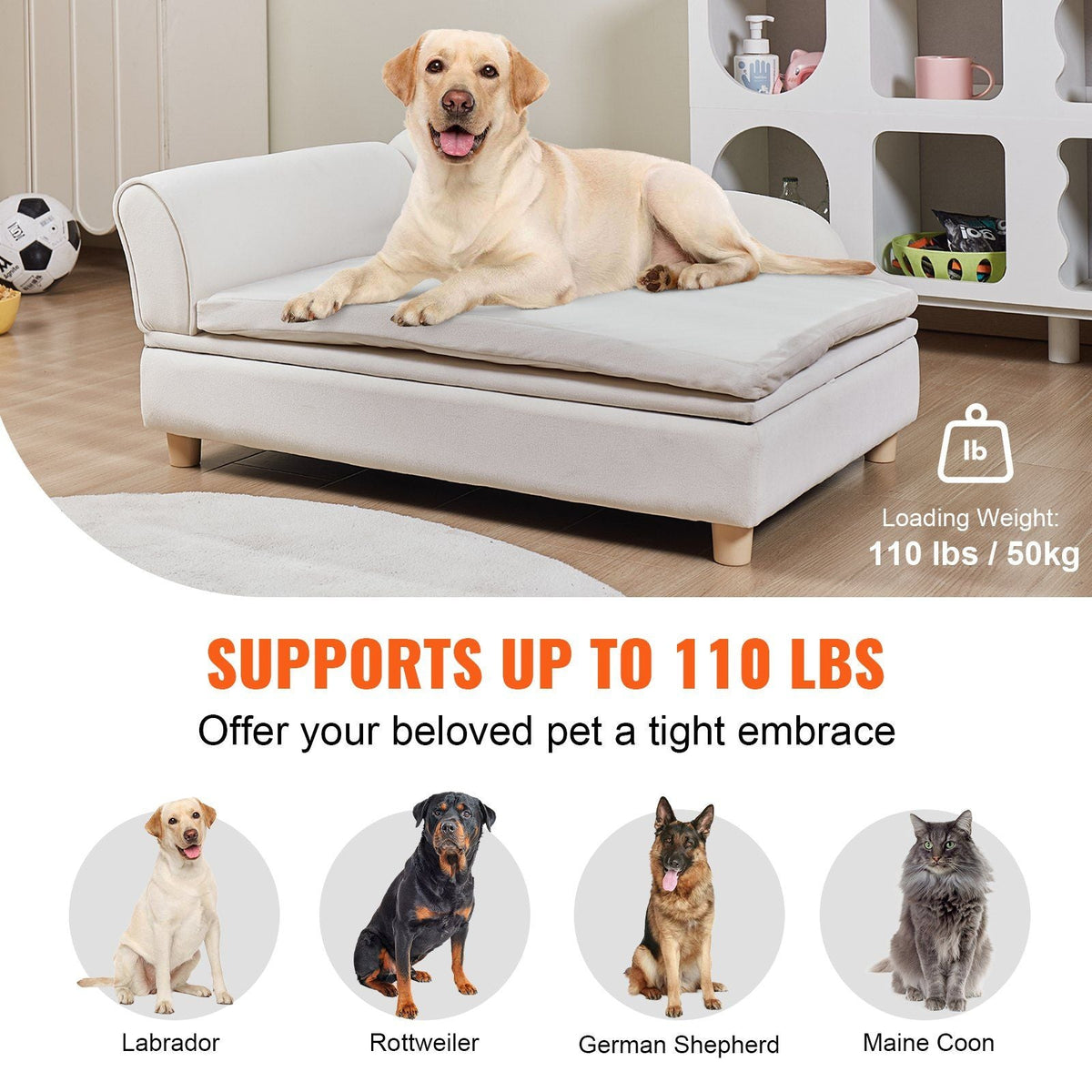 Pet Sofa, Dog Couch for Large-Sized Dogs and Cats, Soft Velvety Dog Sofa Bed, 110 lbs Loading Cat Sofa, White
