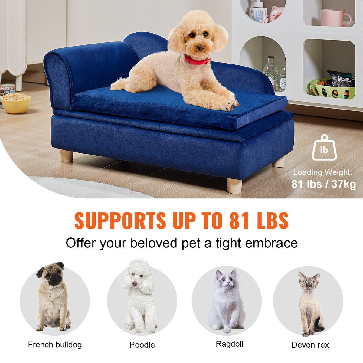 Pet Sofa, Dog Couch for Medium-Sized Dogs and Cats, Soft Velvety Dog Sofa Bed, 81 lbs Loading Cat Sofa, Blue