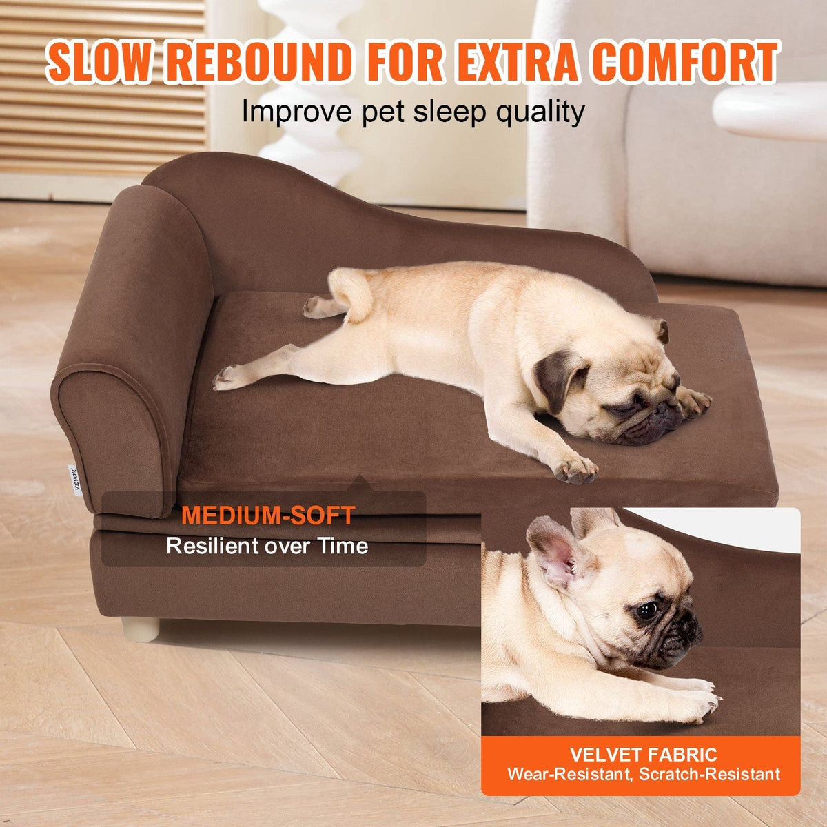 Pet Sofa, Dog Couch for Medium-Sized Dogs and Cats, Soft Velvety Dog Sofa Bed, 81 lbs Loading Cat Sofa, Dark Brown