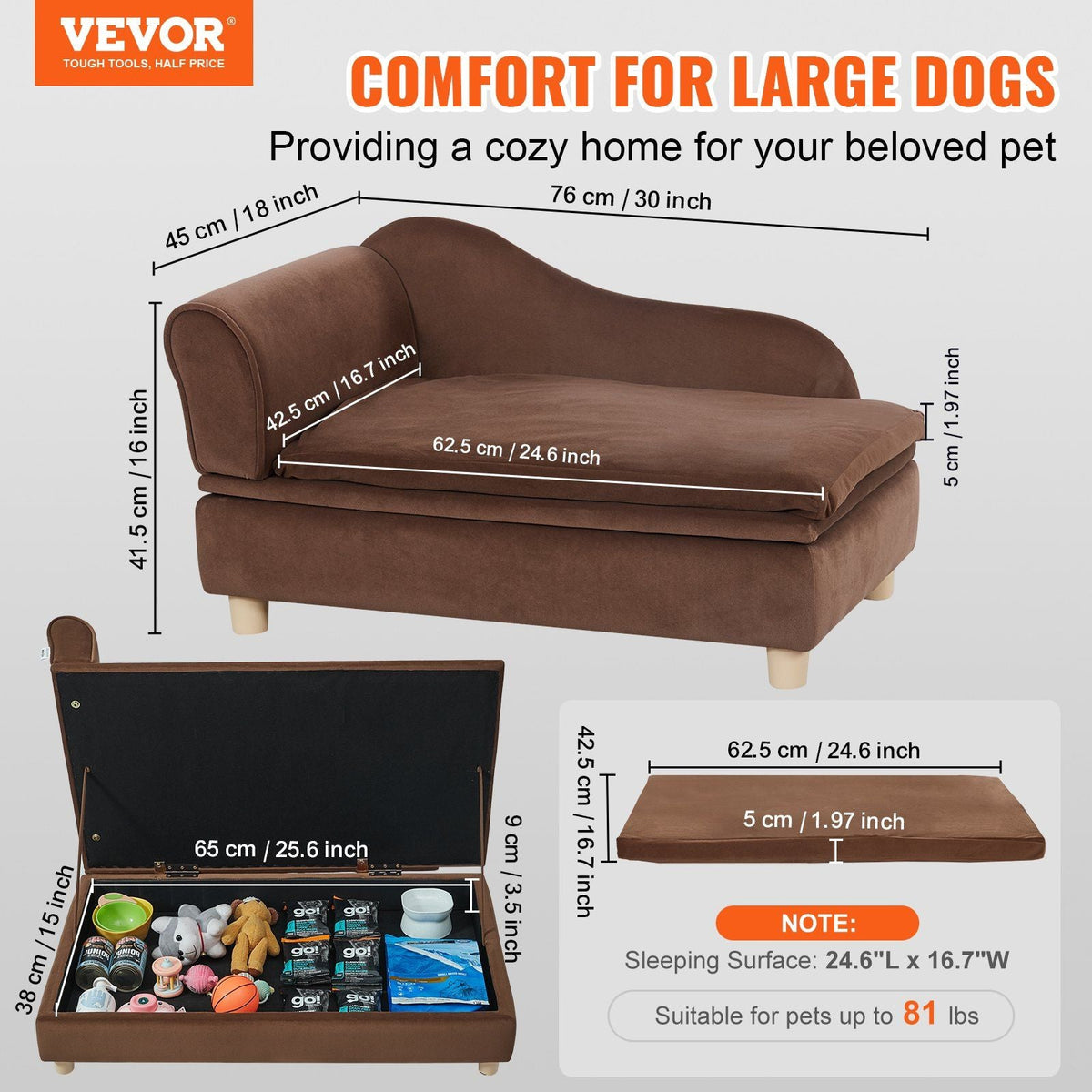 Pet Sofa, Dog Couch for Medium-Sized Dogs and Cats, Soft Velvety Dog Sofa Bed, 81 lbs Loading Cat Sofa, Dark Brown