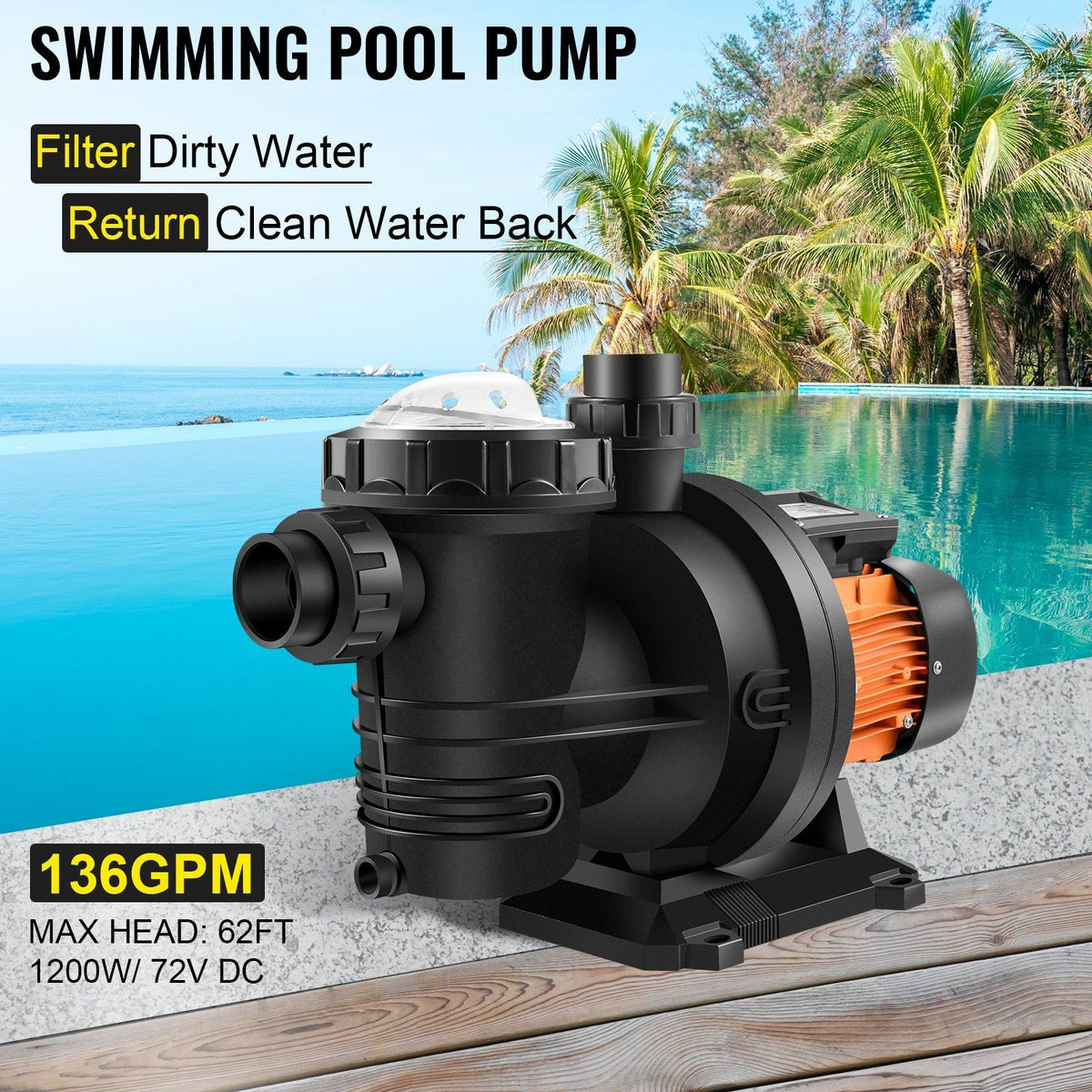 Pool Pump Swimming Pool Pump 72V DC/1200W Solar Water Pump 62 FT/136 GPM