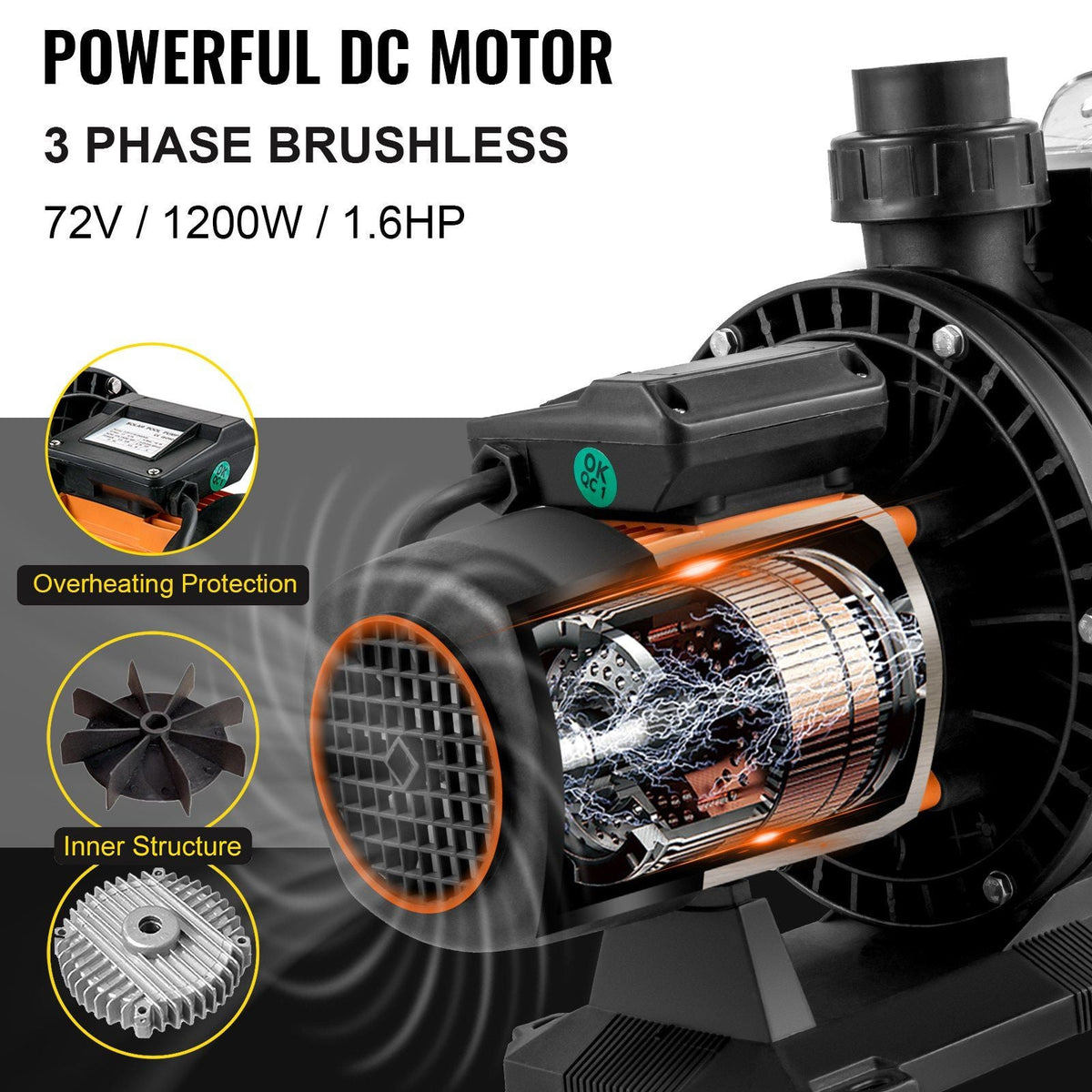 Pool Pump Swimming Pool Pump 72V DC/1200W Solar Water Pump 62 FT/136 GPM