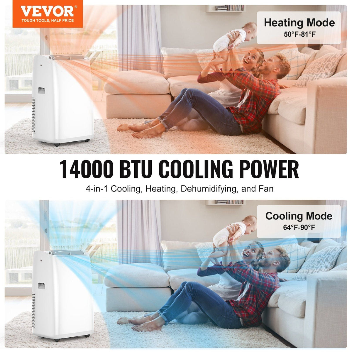 Portable Air Conditioner 14k BTU 4 in 1 AC Warm/Cool Dehumidifier Fan
