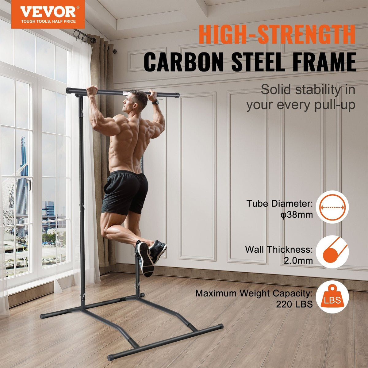 Power Tower Dip Station, 2-Level Height Adjustable Pull Up Bar Stand, Multi-Function Strength Training Workout Equipment, Home Gym Fitness Dip Bar Station, 220LBS Weight Capacity, Black