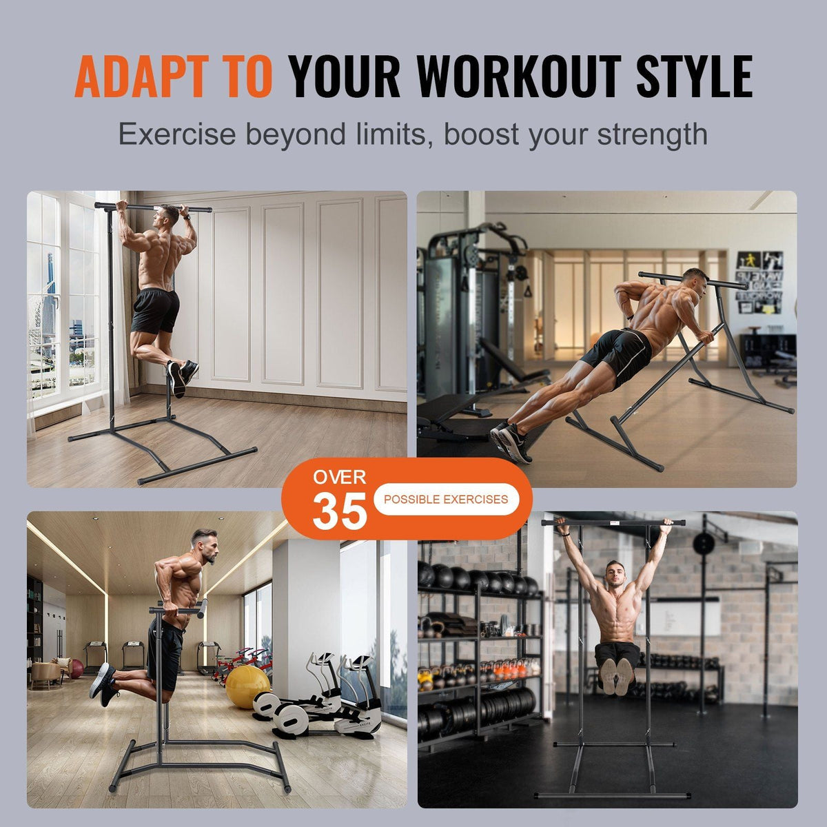 Power Tower Dip Station, 2-Level Height Adjustable Pull Up Bar Stand, Multi-Function Strength Training Workout Equipment, Home Gym Fitness Dip Bar Station, 220LBS Weight Capacity, Black