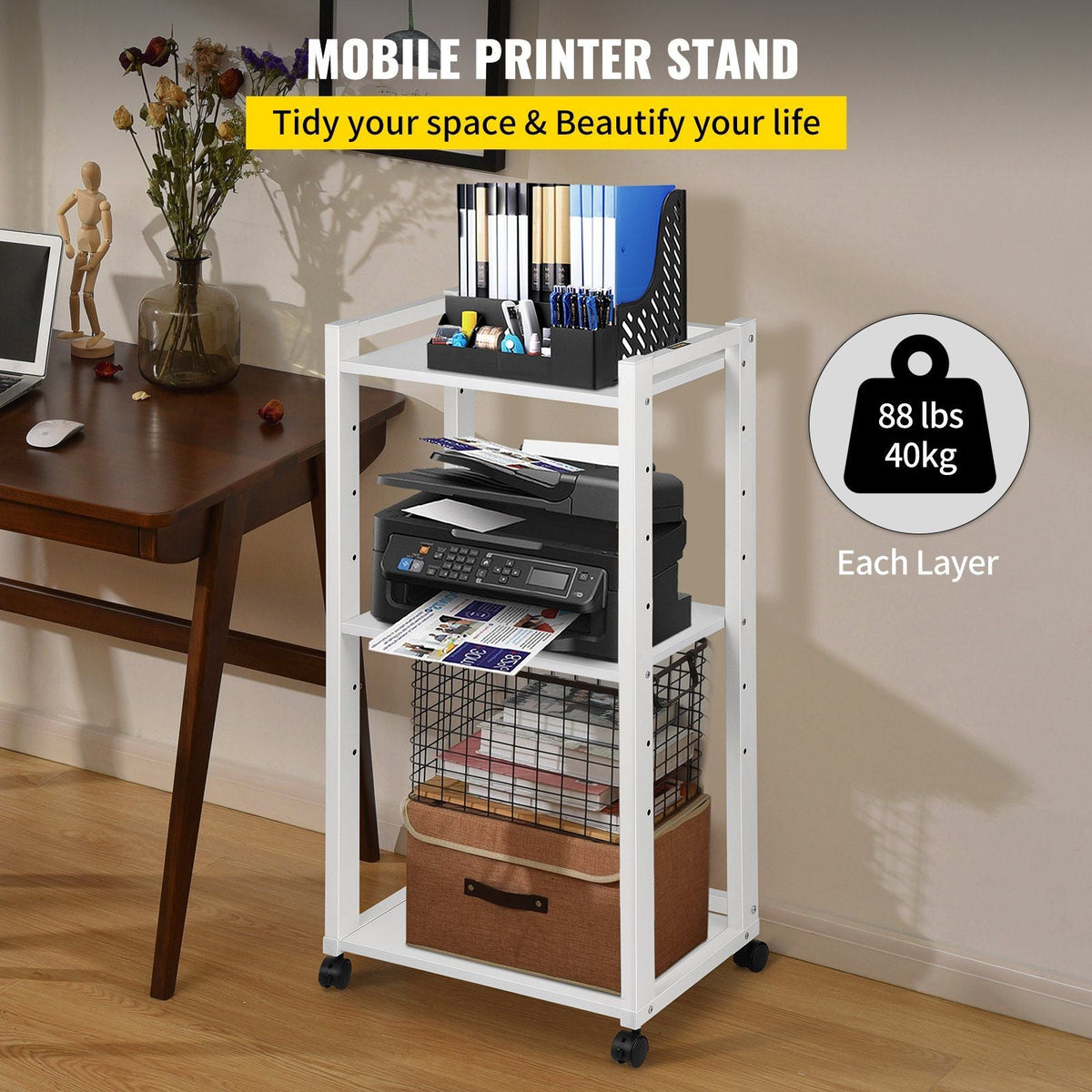 Printer Stand, 3-Tier Rolling Printer Cart, Adjustable Storage Shelf Rack on Lockable Wheels, 19.69x 13.78x 42 inch Printer Table for Home Office Small Spaces Organization, White