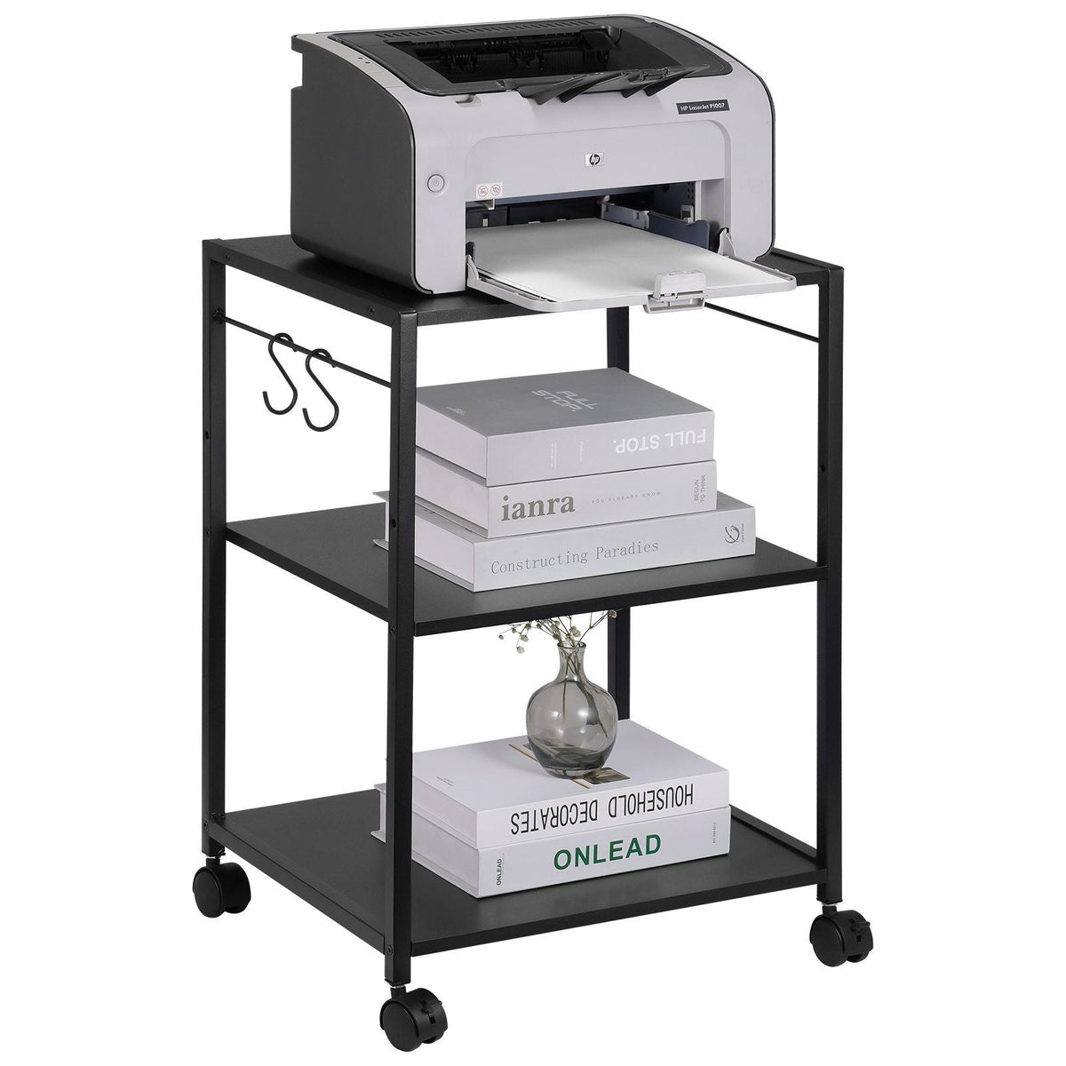 Printer Stand, Height Adjustable 3 Tier Printer Stand, Printer Cart with Storage Shelves and Hooks for Printer, Scanner, Fax, Home Office Use, EPA Certified, Black