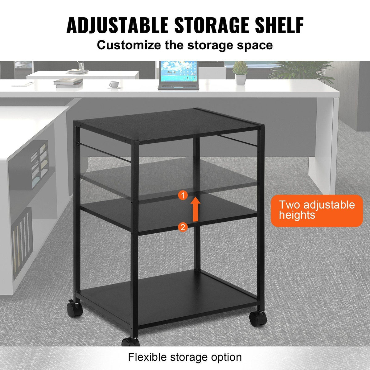 Printer Stand, Height Adjustable 3 Tier Printer Stand, Printer Cart with Storage Shelves and Hooks for Printer, Scanner, Fax, Home Office Use, EPA Certified, Black
