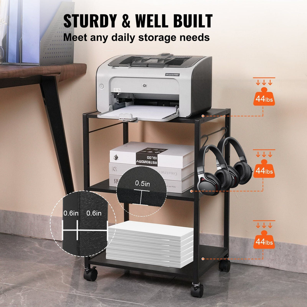 Printer Stand, Height Adjustable 3 Tier Printer Stand, Printer Cart with Storage Shelves and Hooks for Printer, Scanner, Fax, Home Office Use, EPA Certified, Black