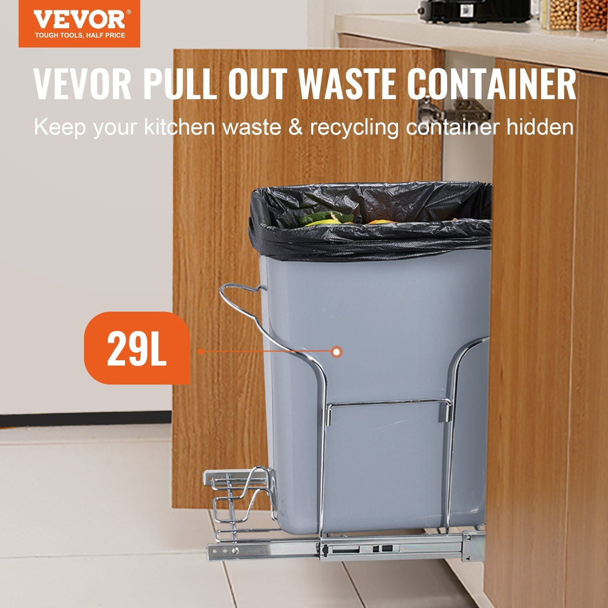 Pull-Out Trash Can, 29L Single Bin, Under Mount Kitchen Waste Container with Slide and Handle, 110 lbs Load Capacity Heavy Duty Garbage Recycling Bin for Kitchen Cabinet, Sink, Under Counter
