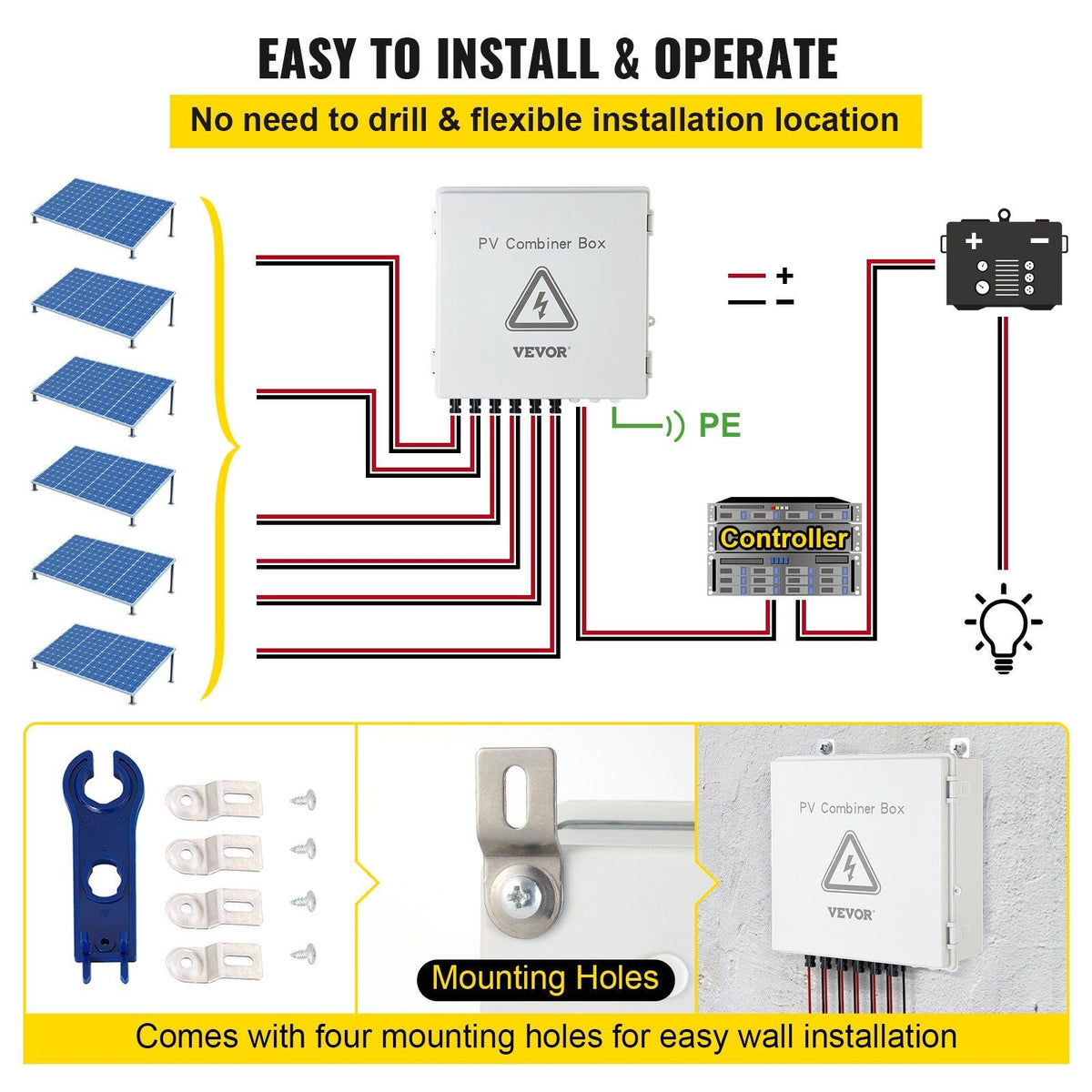 PV Combiner Box, 6 String, Solar Combiner Box with 15A Rated Current Fuse, 125A Circuit Breaker, Lightning Arreste and Solar Connector, for On/Off Grid Solar Panel System, IP65 Waterproof