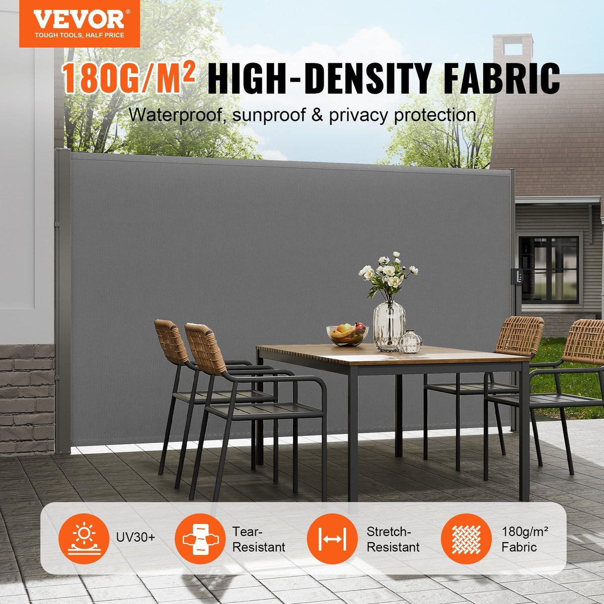 Retractable Side Awning, 63''x 118'' Outdoor Privacy Screen, 180g Polyester Water-proof Retractable Patio Screen, UV 30+ Room Divider Wind Screen for Patio, Backyard, Balcony, Gray
