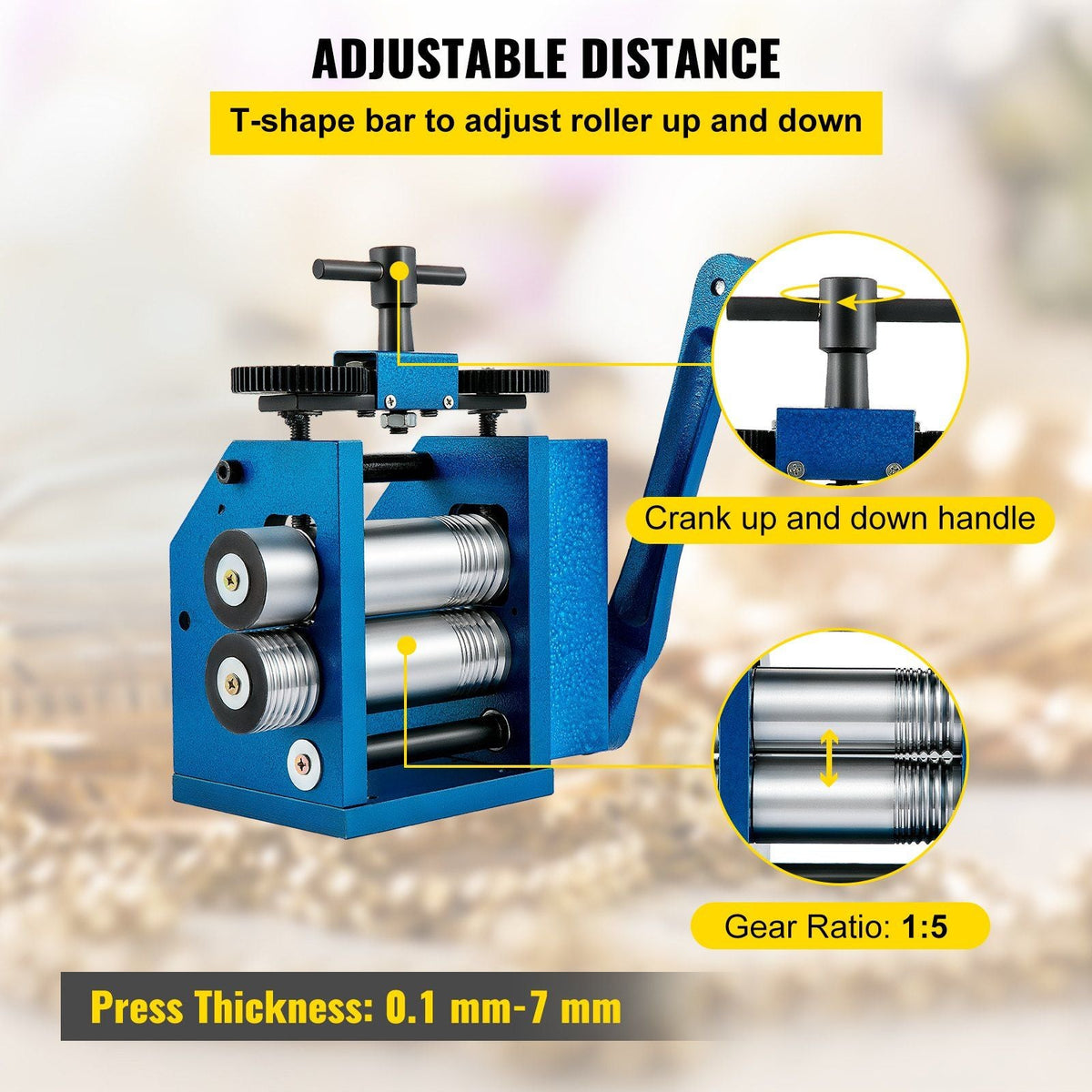 Rolling Mill 4.4"/112mm Jewelry Rolling Mill Machine Gear Ratio 1:2.5 Wire Roller Mill 0.1-7mm Press Thickness Manual Combination Rolling Mill for Jewelry Sheet Square Semicircle Circle Pattern