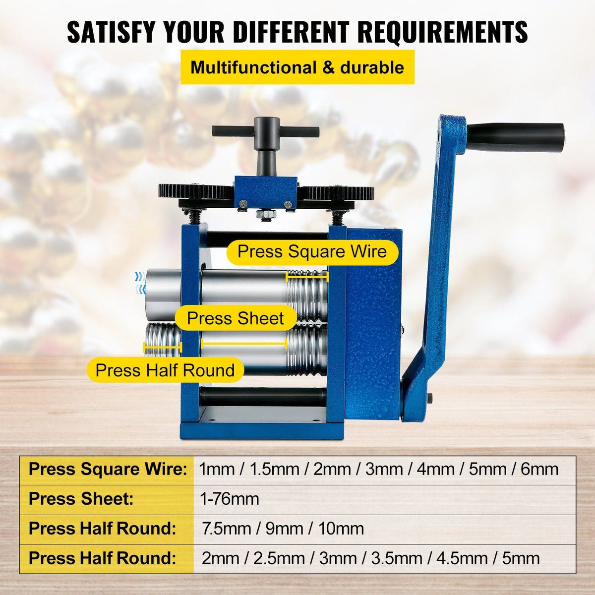 Rolling Mill 4.4"/112mm Jewelry Rolling Mill Machine Gear Ratio 1:2.5 Wire Roller Mill 0.1-7mm Press Thickness Manual Combination Rolling Mill for Jewelry Sheet Square Semicircle Circle Pattern