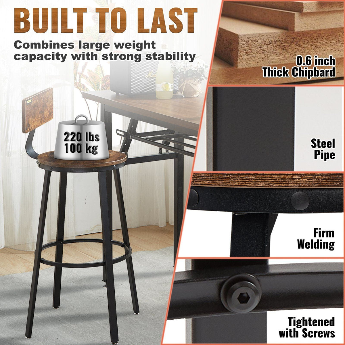 Rustic Bar Stools Counter Height Round Bar Chairs with Backrest 29" 2 Set