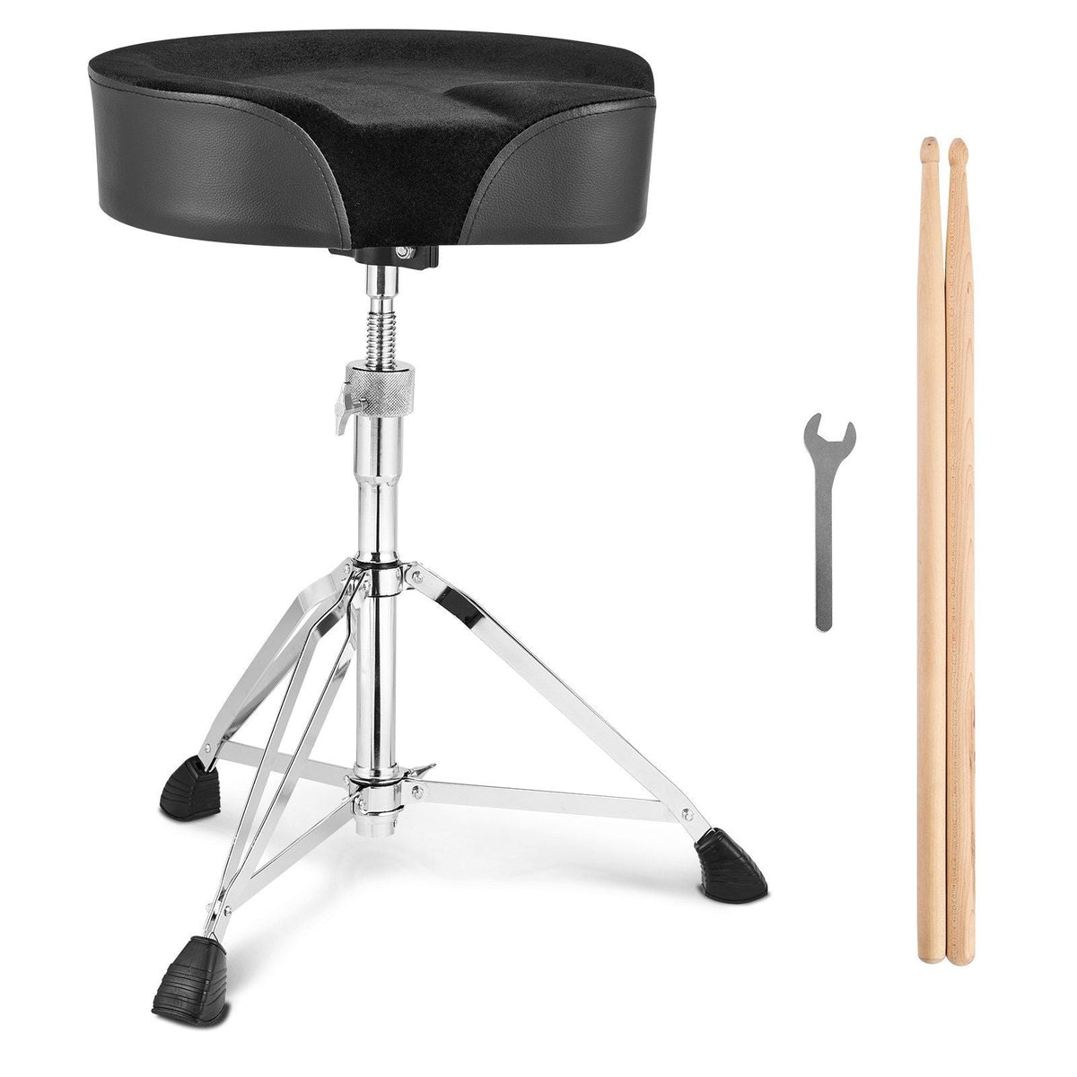 Saddle Drum Throne, 22-27.8 in / 560-705 mm Height Adjustable, Padded Drum Stool Seat with Anti-Slip Feet 5A Drumsticks 500 lbs / 227 kg Max Weight Capacity, 360° Swivel Drum Chair for Drummers