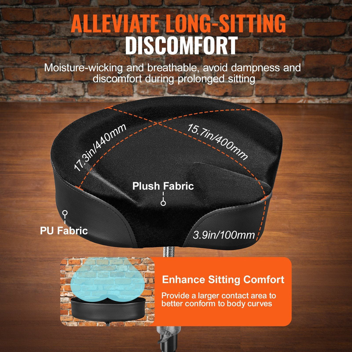 Saddle Drum Throne, 22-27.8 in / 560-705 mm Height Adjustable, Padded Drum Stool Seat with Anti-Slip Feet 5A Drumsticks 500 lbs / 227 kg Max Weight Capacity, 360° Swivel Drum Chair for Drummers