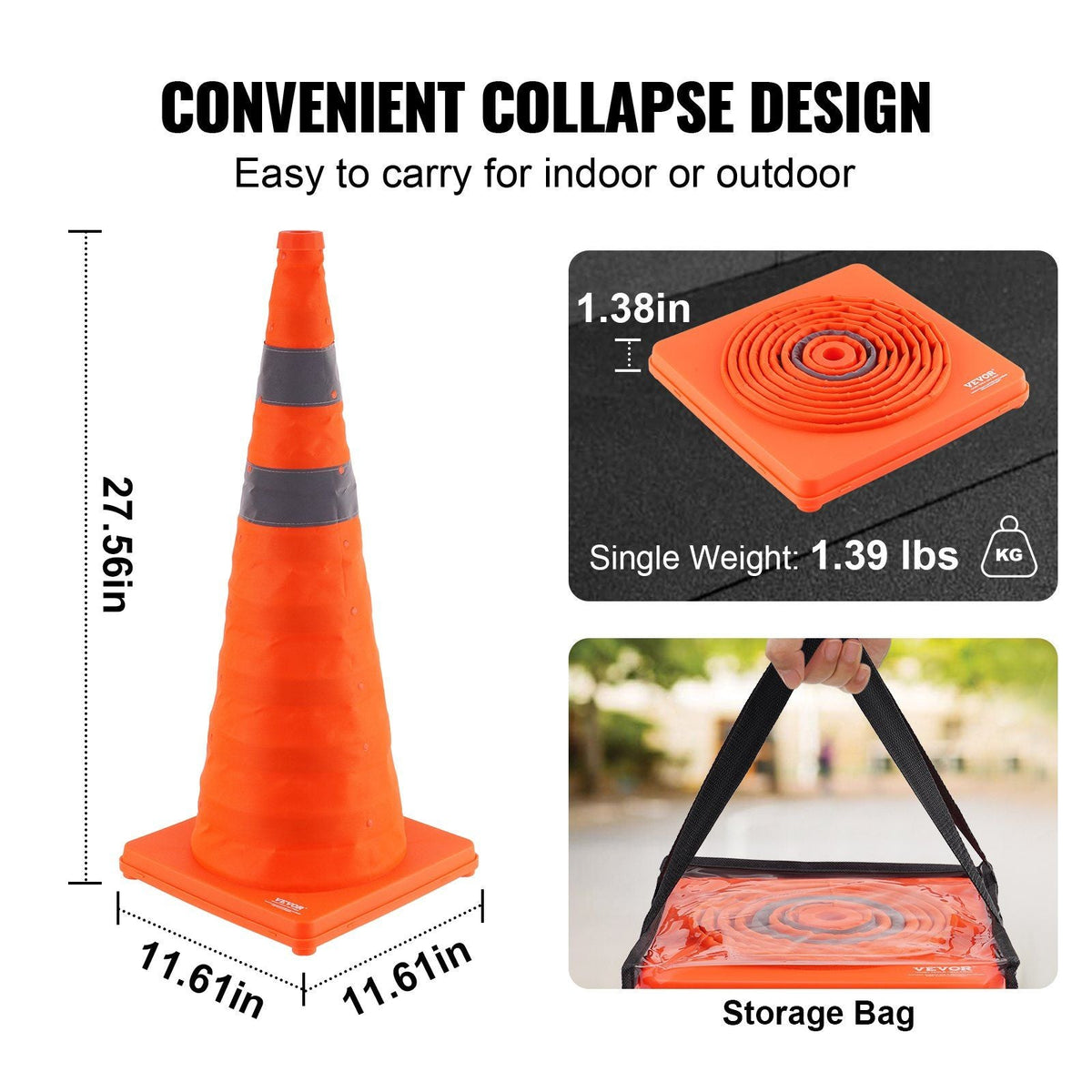 Safety Cones, 2 Pack 28 inch Collapsible Traffic Cones, Construction Cones with Reflective Collars, Wide Base and A Storage Bag, for Traffic Control, Driving Training, Parking Lots