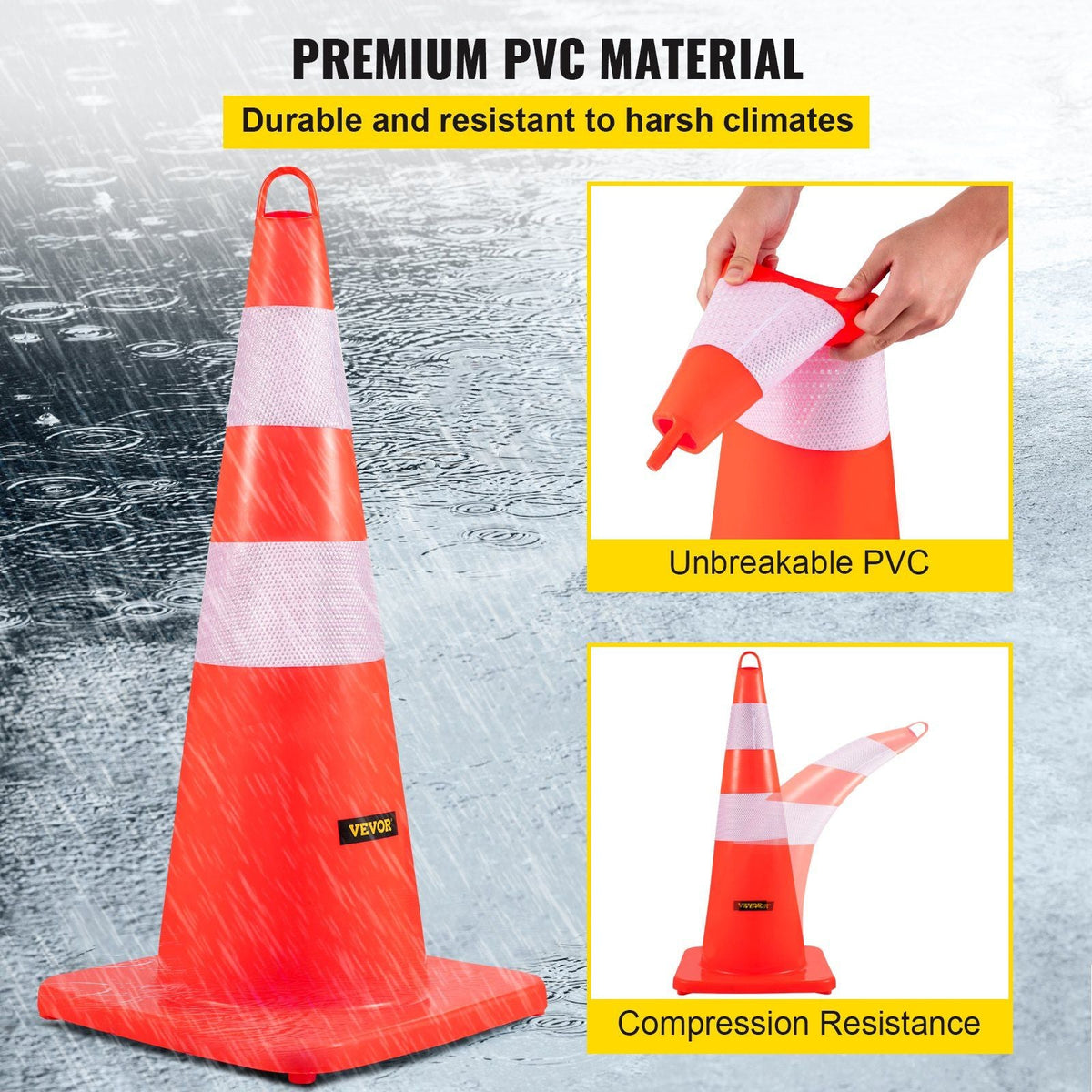 Safety Cones, 6 x 28" Traffic Cones, PVC Orange Construction Cones, 2 Reflective Collars Traffic Cones with Weighted Base and Hand-Held Ring Used for Traffic Control, Driveway Road Parking