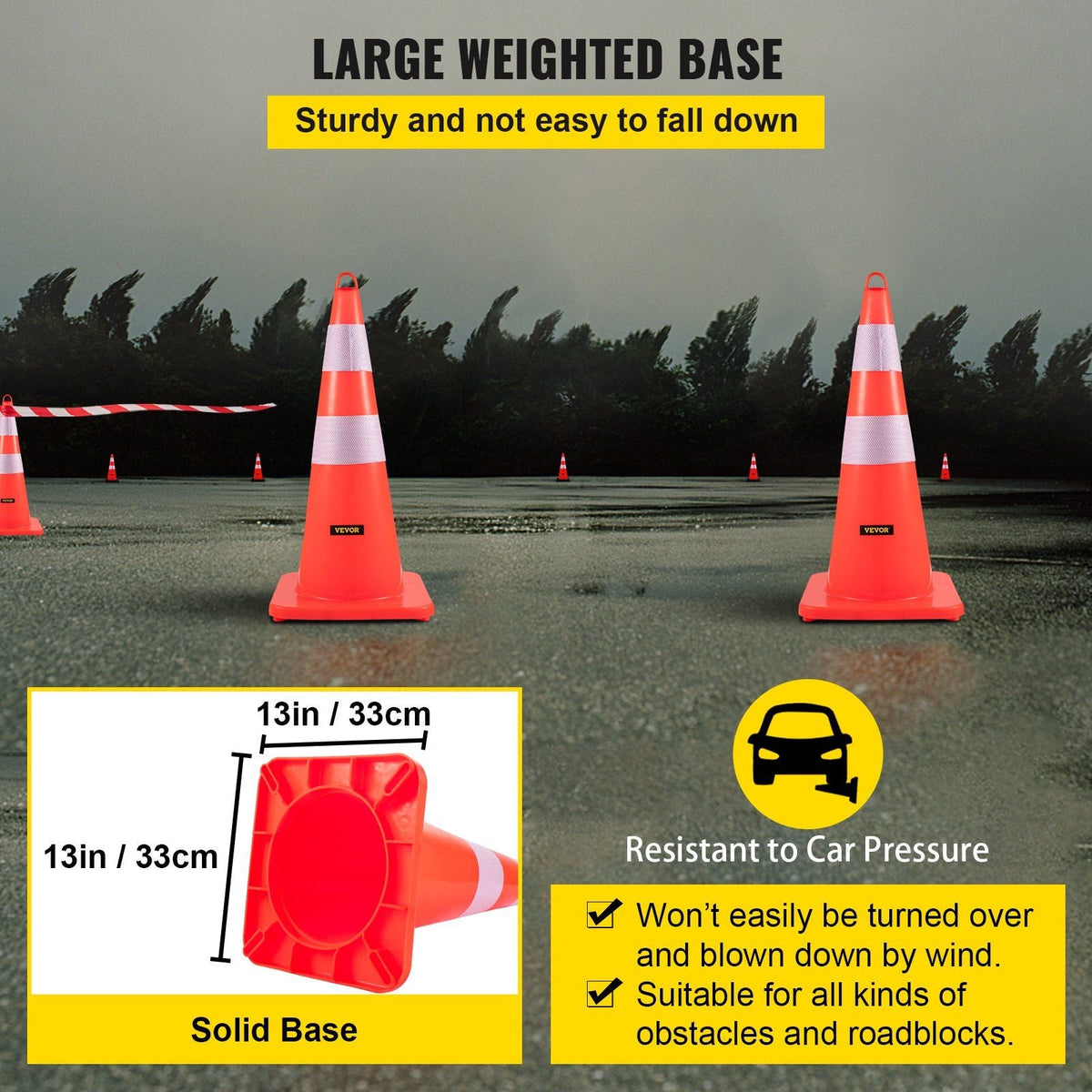 Safety Cones, 6 x 28" Traffic Cones, PVC Orange Construction Cones, 2 Reflective Collars Traffic Cones with Weighted Base and Hand-Held Ring Used for Traffic Control, Driveway Road Parking