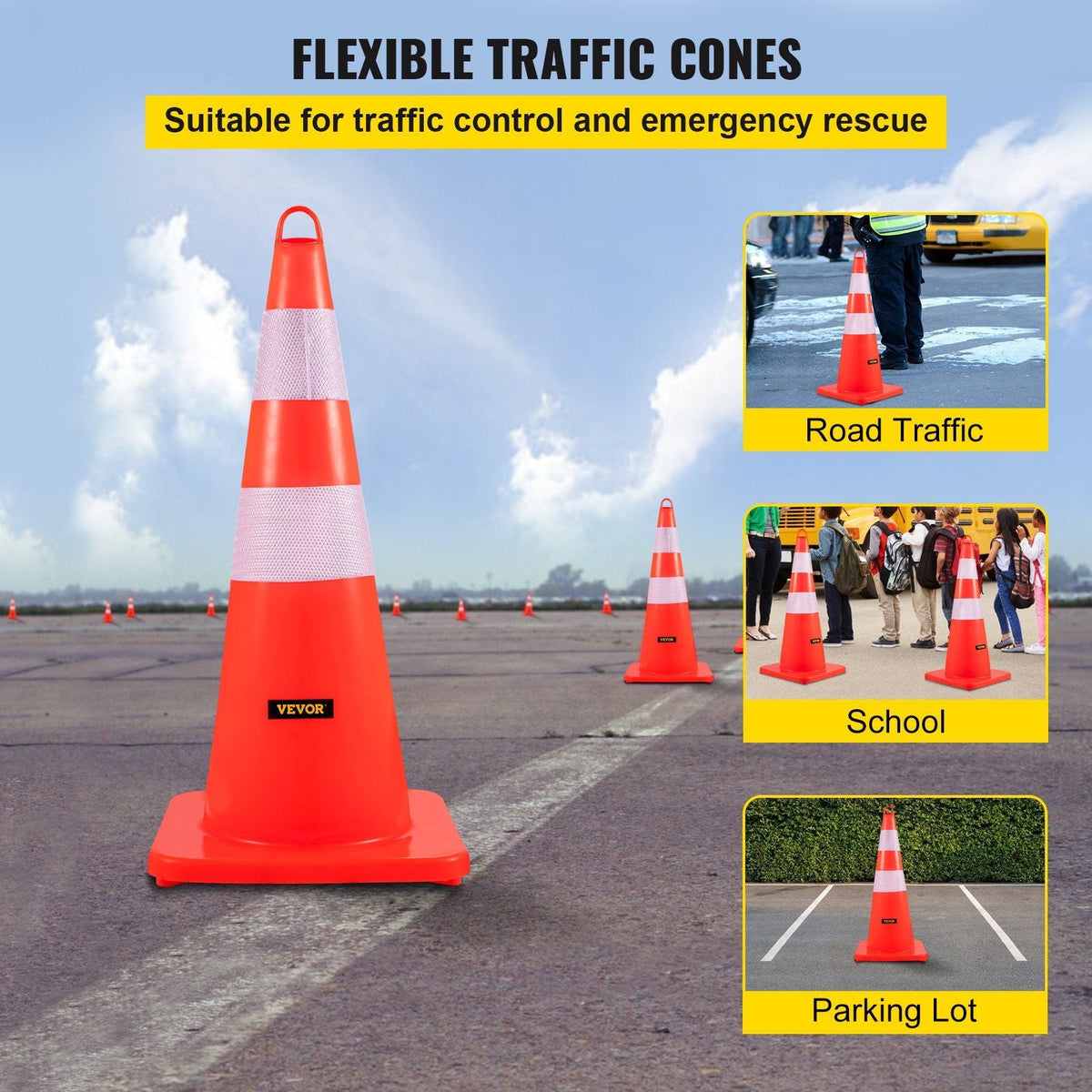 Safety Cones, 6 x 28" Traffic Cones, PVC Orange Construction Cones, 2 Reflective Collars Traffic Cones with Weighted Base and Hand-Held Ring Used for Traffic Control, Driveway Road Parking
