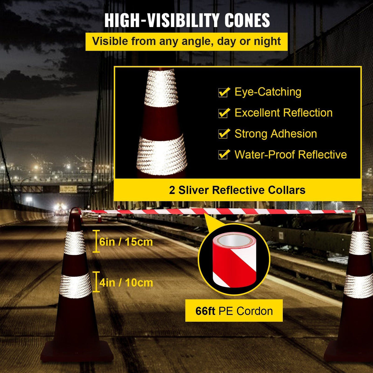 Safety Cones, 6 x 28" Traffic Cones, PVC Orange Construction Cones, 2 Reflective Collars Traffic Cones with Weighted Base and Hand-Held Ring Used for Traffic Control, Driveway Road Parking