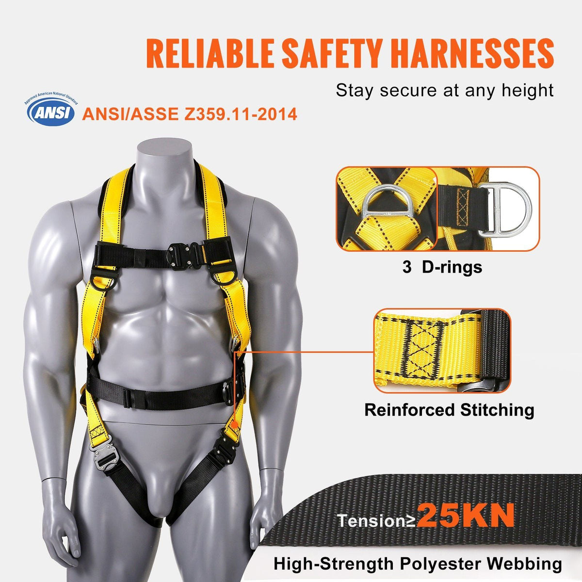 Safety Harness, Full Body Harness, Safety Harness Fall Protection with Added Padding, and Side Rings and Dorsal D-Rings and a Lanyard, ANSI/ASSE Z359.11-2014, 240 lbs Max Weight, M