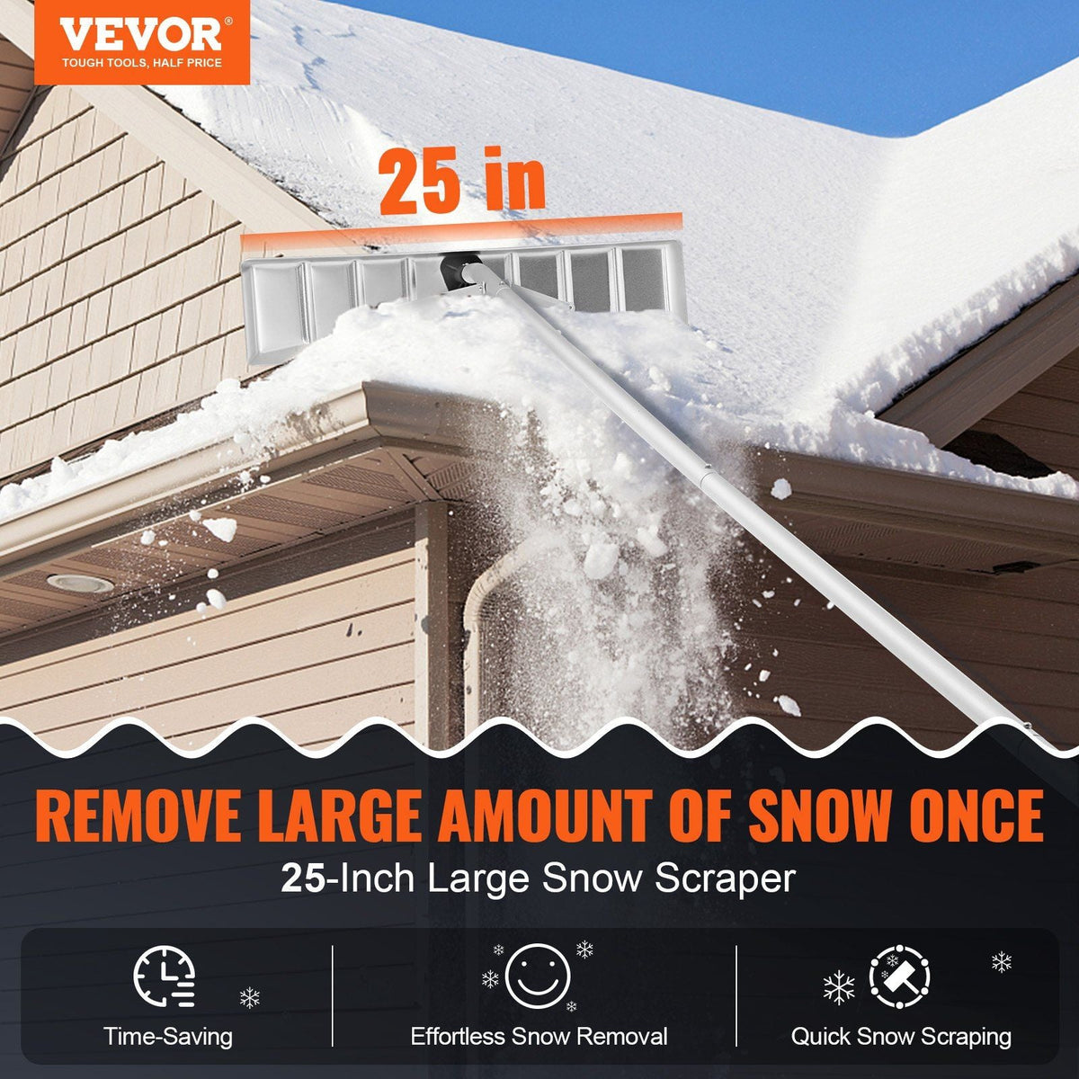 Snow Roof Rake, 25" Blade Snow Removal Tool, 21ft Reach Aluminium Roof Shovel, Roll Wheels for Roof Protection, Anti-Slip Handle Grip, Easy to Setup & Use for House Roof, Car Snow, Wet Leaves
