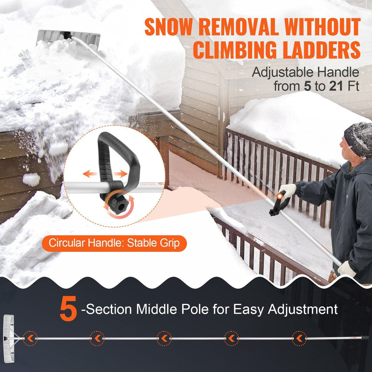 Snow Roof Rake, 25" Blade Snow Removal Tool, 21ft Reach Aluminium Roof Shovel, Roll Wheels for Roof Protection, Anti-Slip Handle Grip, Easy to Setup & Use for House Roof, Car Snow, Wet Leaves