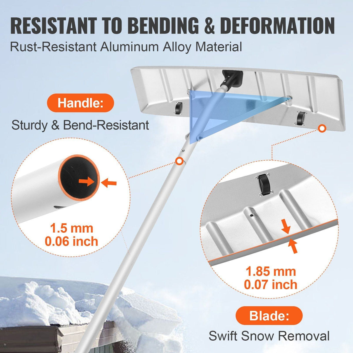 Snow Roof Rake, 25" Blade Snow Removal Tool, 21ft Reach Aluminium Roof Shovel, Roll Wheels for Roof Protection, Anti-Slip Handle Grip, Easy to Setup & Use for House Roof, Car Snow, Wet Leaves