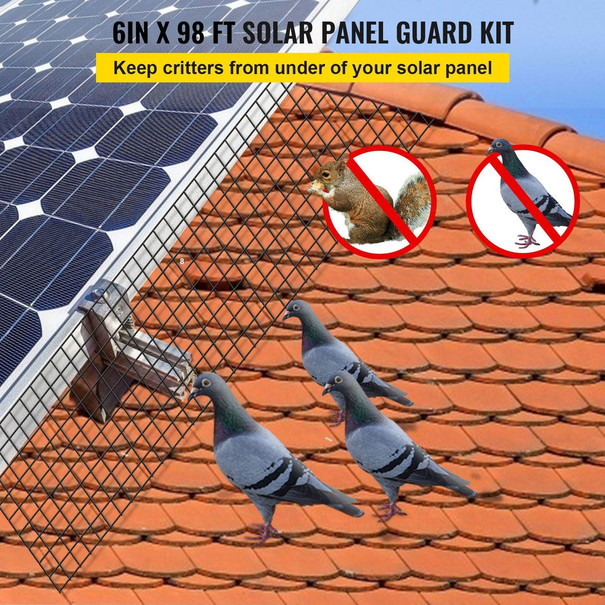 Solar Panel Bird Wire, 6inch x 98ft Critter Guard Roll Kit, Solar Panel Guard w/ 100pcs Stainless Steel Fasteners, 50pcs Tie Wires, Removable PVC Coated Wire for Squirrel Bird Critters Proofing
