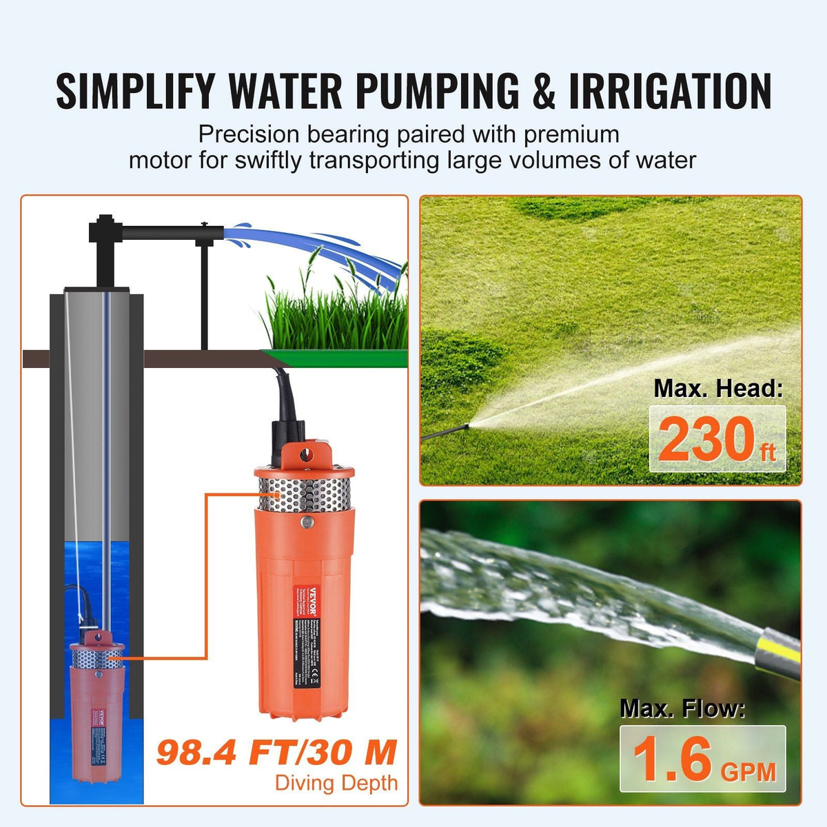 Solar Water Pump, 12V DC 96W Submersible Deep Well Pump, Max Flow 1.6 GPM, Max Head 230 ft, Max Submersion 98.4 ft, Solar Powered Water Pump for Well, Farm Ranch Irrigation, Livestock Drinking