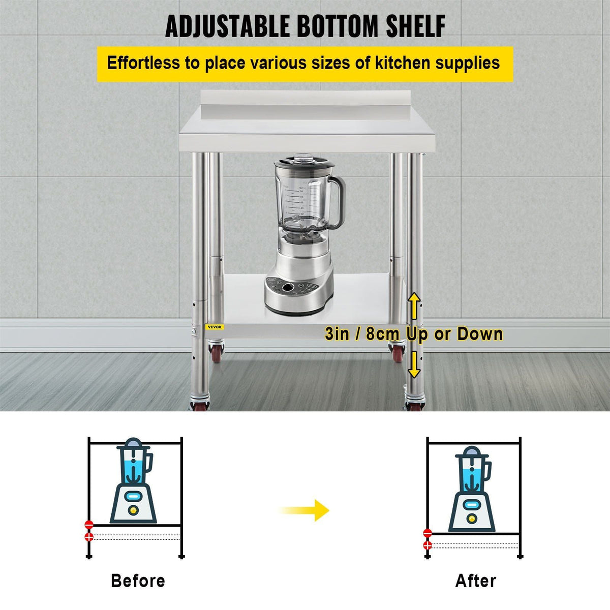 Stainless Steel Prep Table, 24 x 24 x 35 Inch, 440lbs Load Capacity Heavy Duty Metal Worktable with Backsplash Adjustable Undershelf & 4 Casters, Commercial Workstation for Kitchen Restaurant