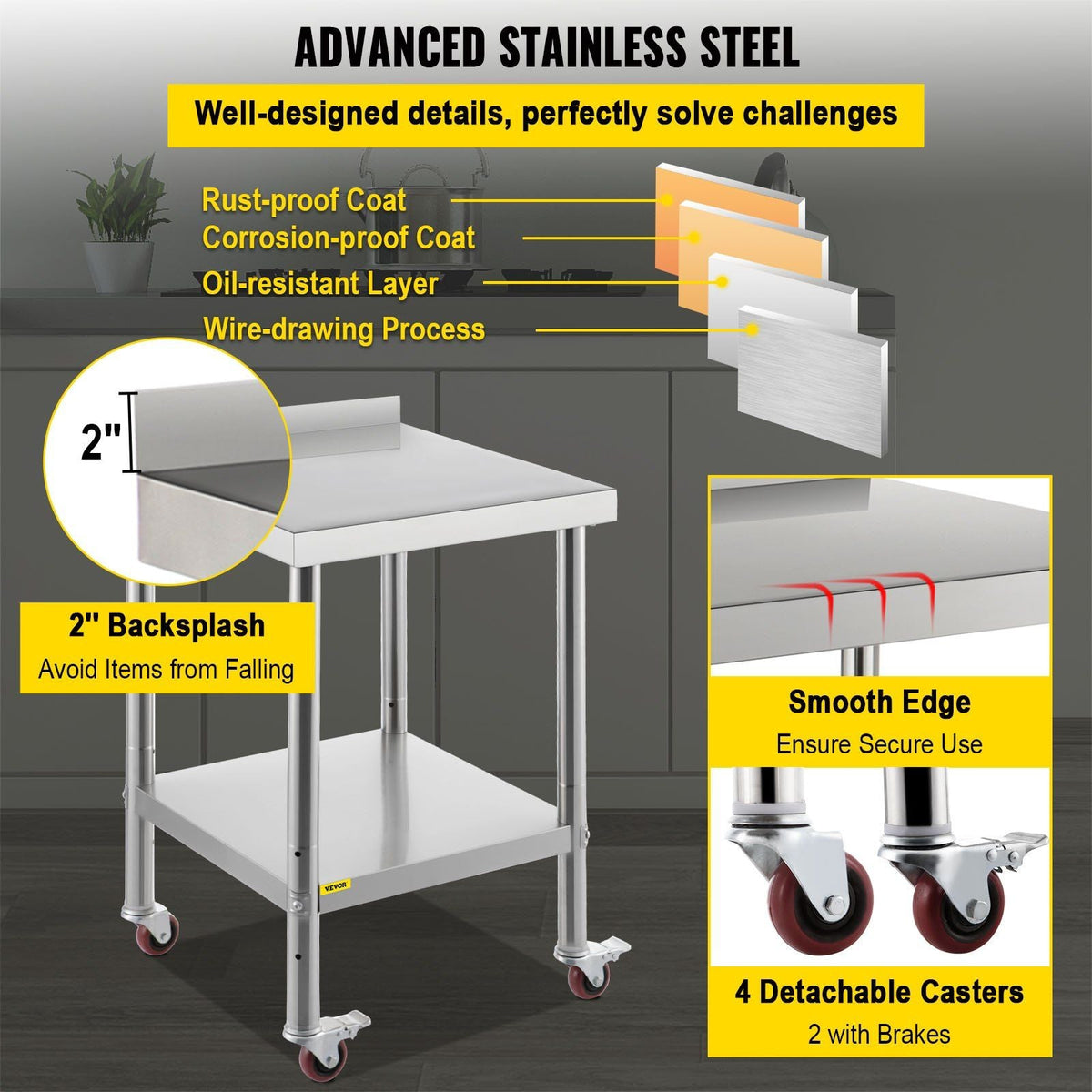 Stainless Steel Prep Table, 24 x 24 x 35 Inch, 440lbs Load Capacity Heavy Duty Metal Worktable with Backsplash Adjustable Undershelf & 4 Casters, Commercial Workstation for Kitchen Restaurant