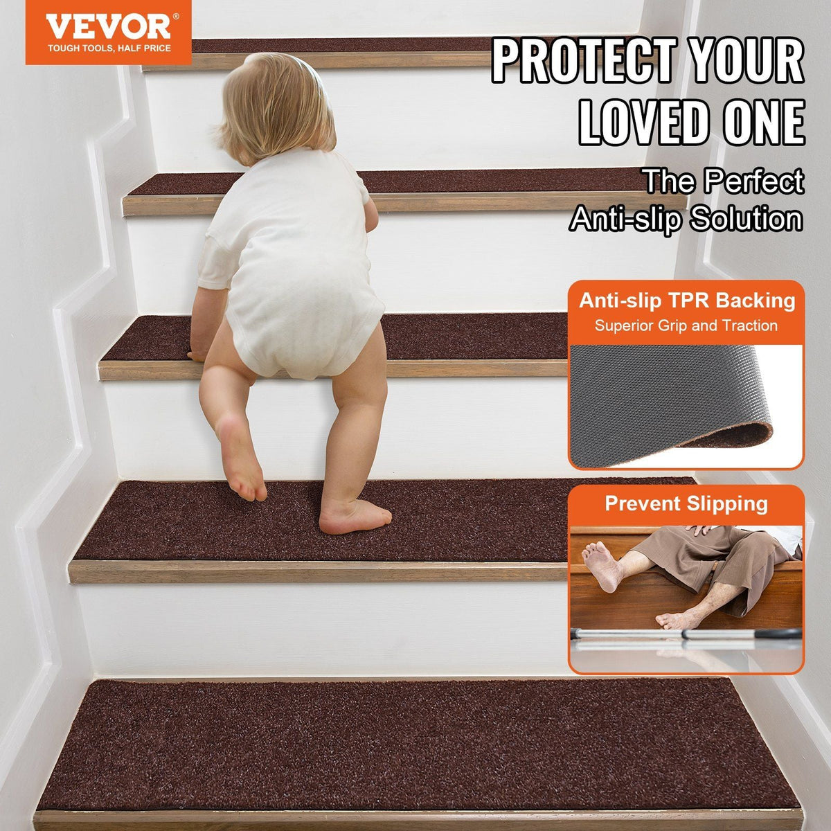 Stair Treads, Non-slip Stairs Carpet 8 x 30 inch, Indoor Stair Runner for Wooden Steps, Anti-slip Carpet Stair Rugs Mats for Kids Elders and Dogs, 15 pcs, Brown