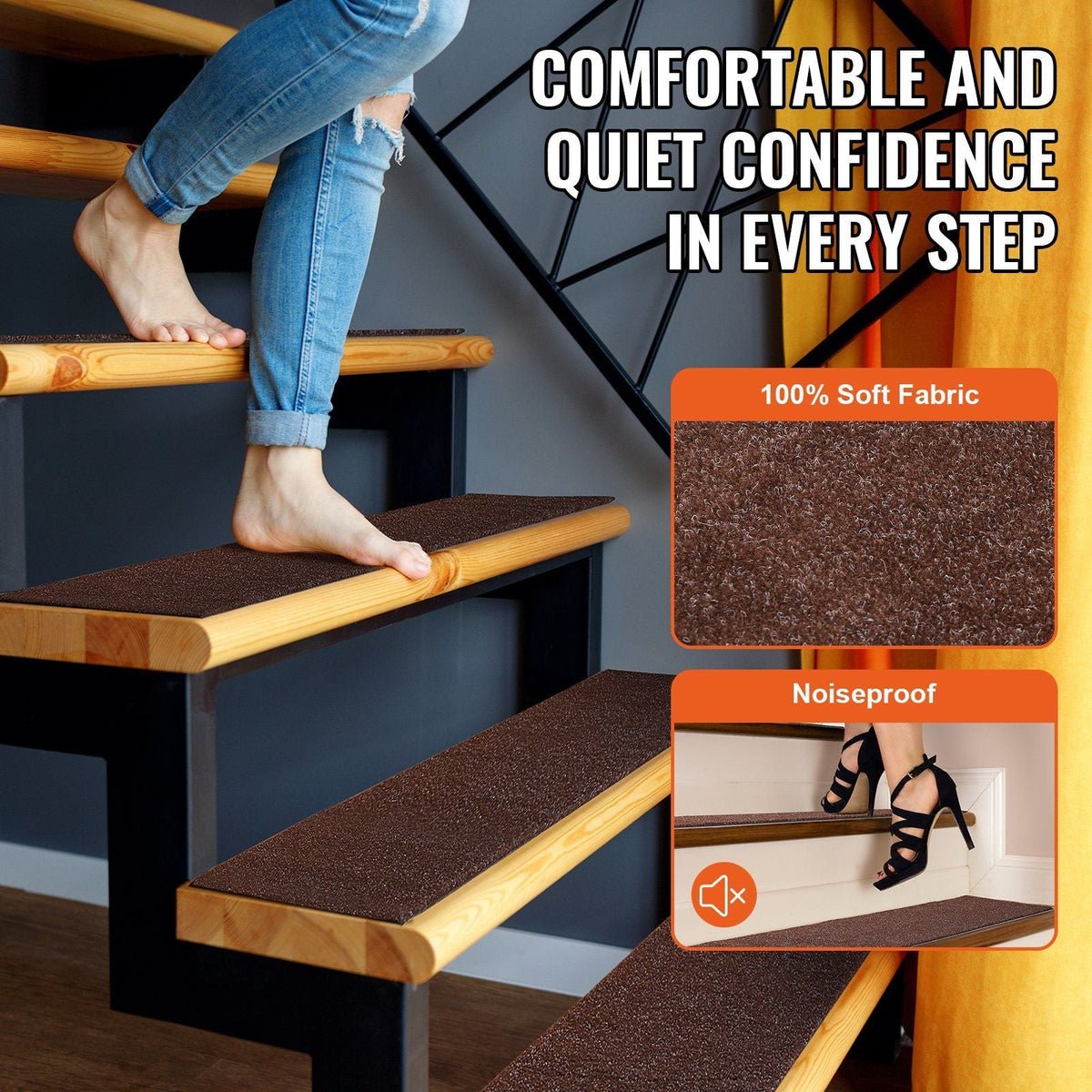 Stair Treads, Non-slip Stairs Carpet 8 x 30 inch, Indoor Stair Runner for Wooden Steps, Anti-slip Carpet Stair Rugs Mats for Kids Elders and Dogs, 15 pcs, Brown